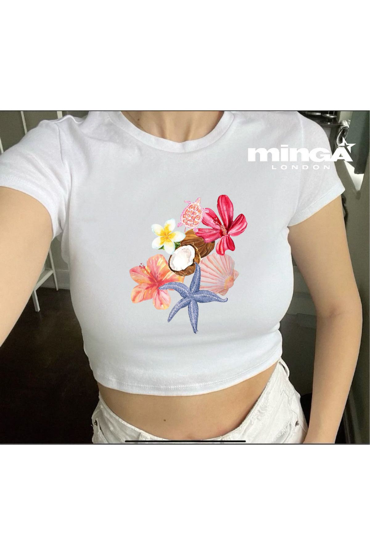 Minga London Flower Coconut Beyaz Crop Bluz -Minga London