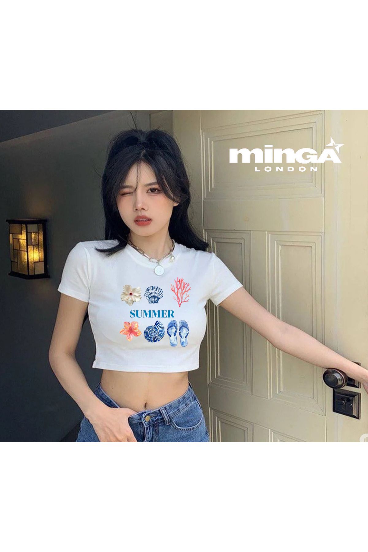 Minga London Summer Sea Beyaz Crop Bluz -Minga London