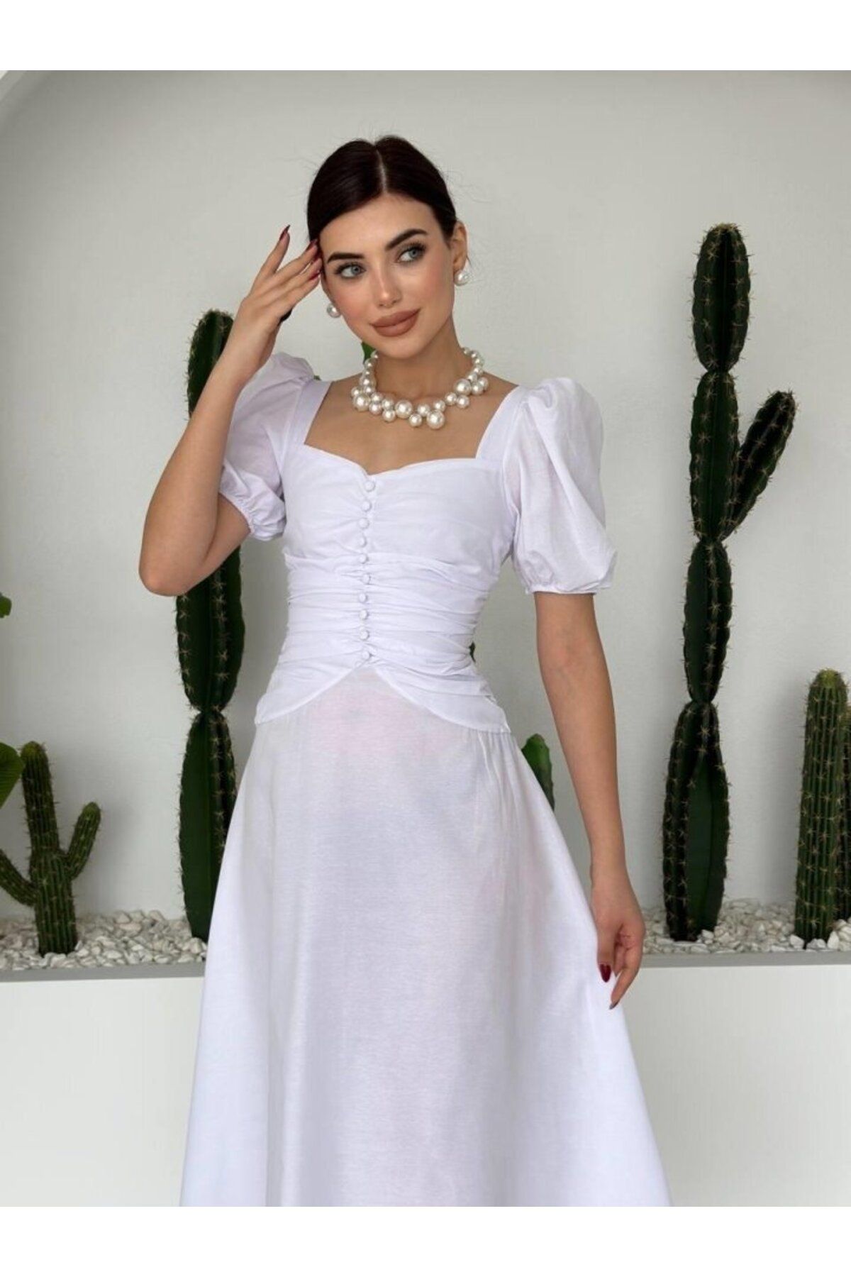 D&M Life Collection Kare Yaka Düğmeli Elbise - M - Beyaz