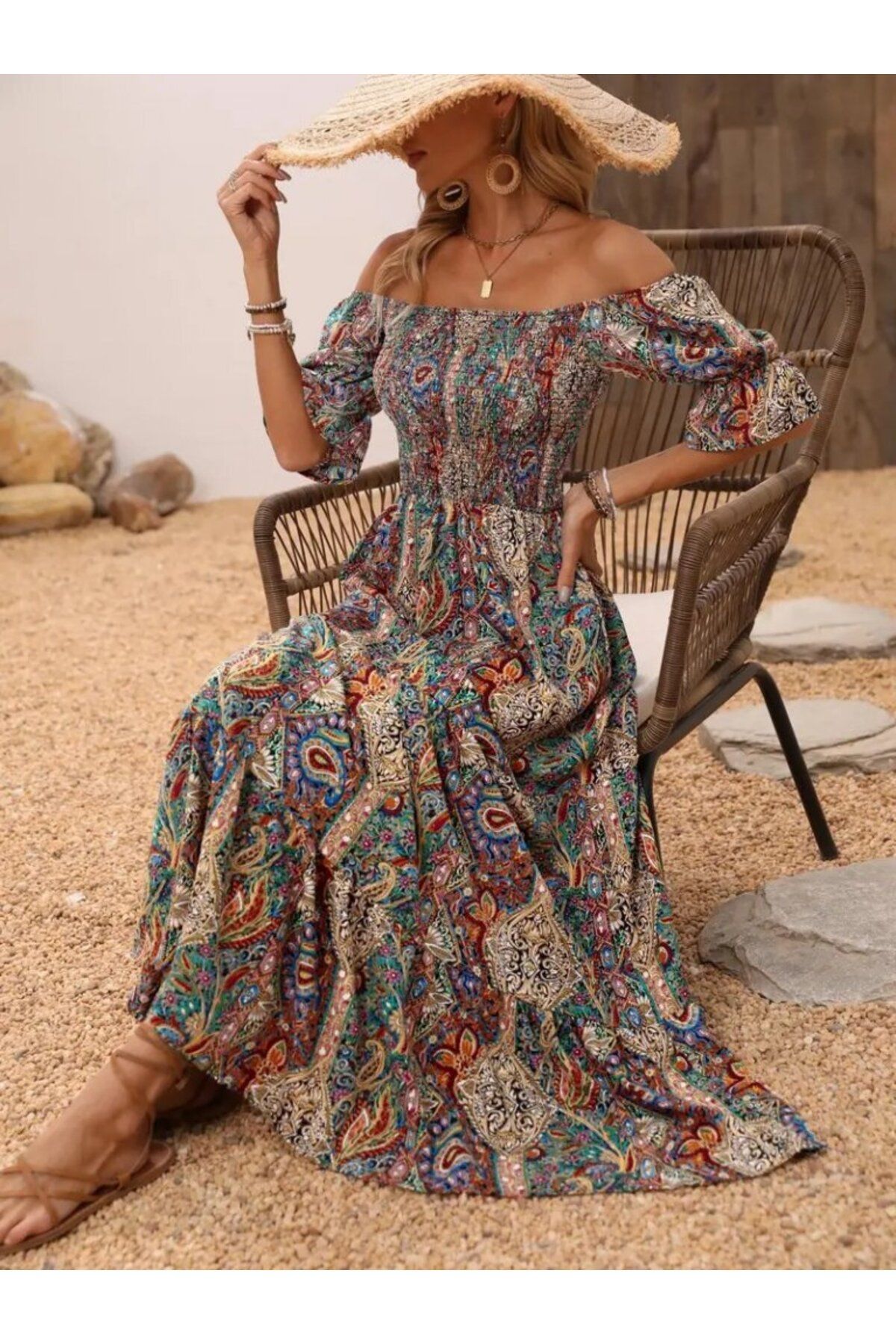 D&M Life Collection Kadın Kısa Kollu Madonna Yaka Desenli Fırfırlı Maksi Bu Süprem Elbise - L-XL - Desenli