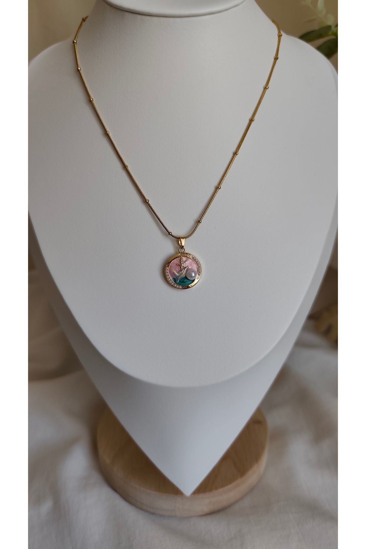miyesa stainless steel çelik pembe mineli kolye