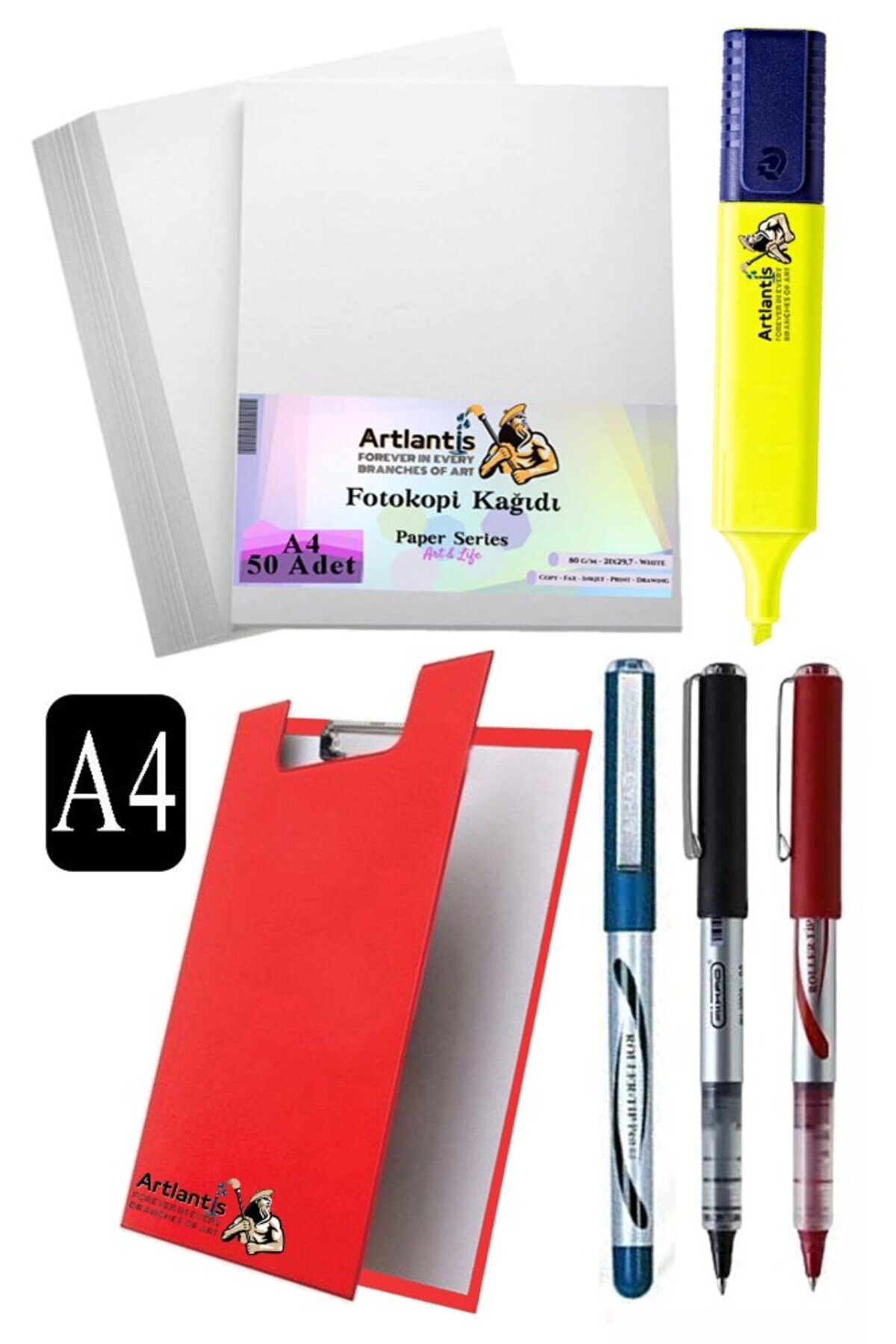 Artlantis Kapaklı Sekreterlik A4 Pilot Kalem 3 Renk A4 Beyaz Fotokopi Kağıdı 50 Adet Fosforlu Kalem Sarı Ofis