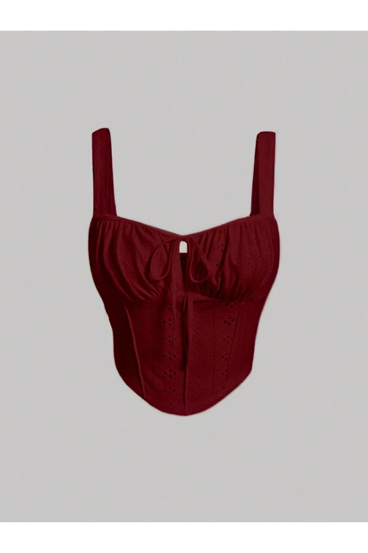 Marin Star  Bordo Nakış Desenli Göğüs Dekolteli Önden Bağcıklı Askılı Crop, Bordo Nakış Desenli Bluz - Görsel 7