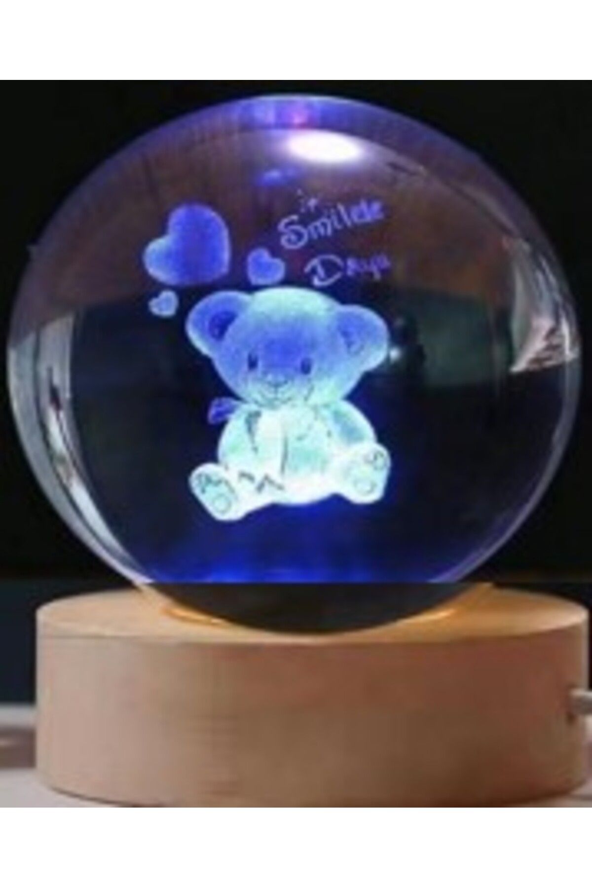 Easy Tedarik Dekoratif Ayıcık Tasarımlı Ahşap altlıklı Işıklı Cam Küre Büyük Boy Cam:8cm Ahşap:2cm