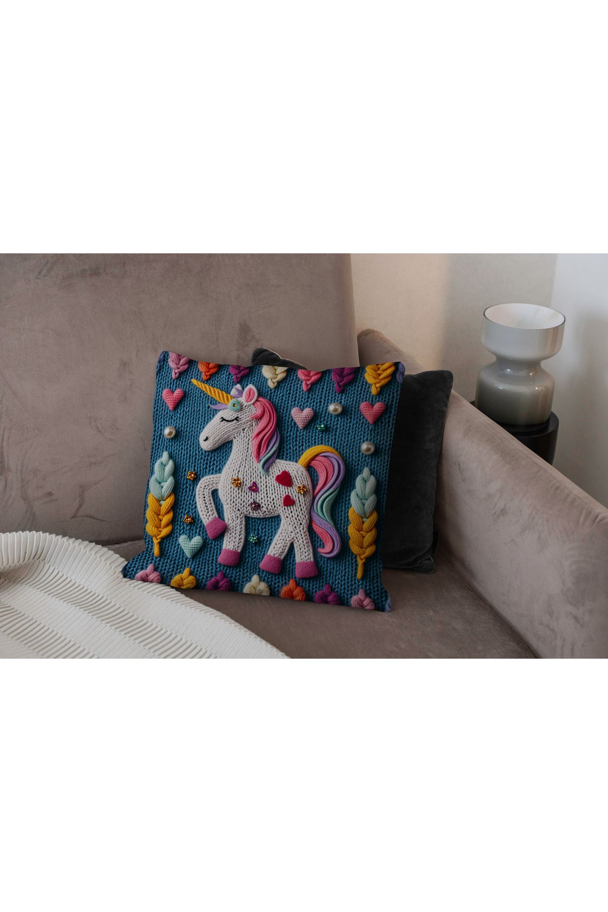 Hayal Dekoratif Gerçekçi Örgü Desenli 3D Sevimli Unicorn Desenli Lüks Kadife Dijital Baskılı Kırlent - Yastık Kılıfı