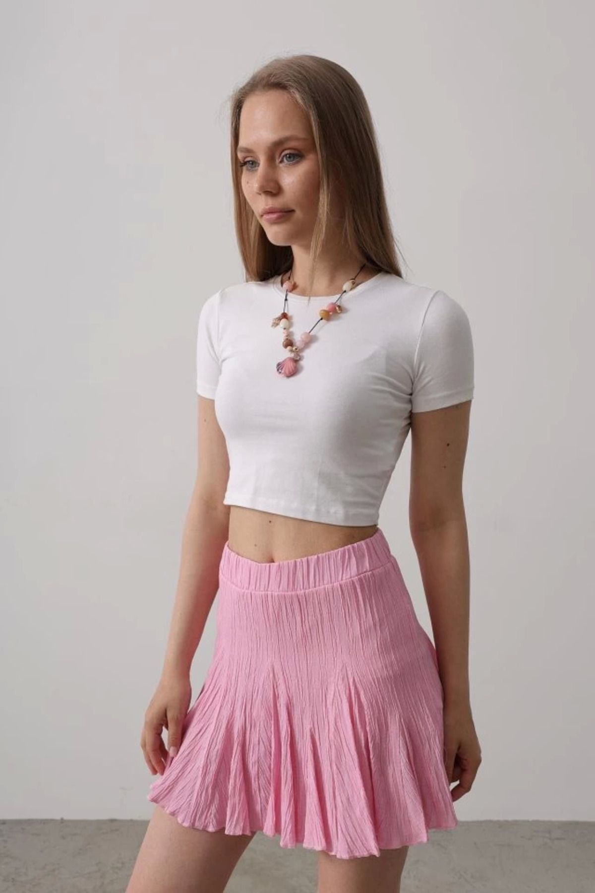 ZORM Pembe Beli Lastikli Mini Etek