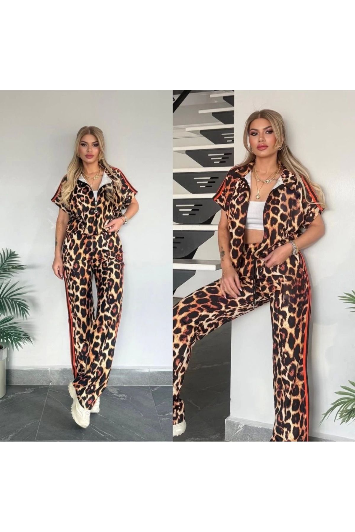 Omarı Dijital Leopar Baskılı Kadın Takım