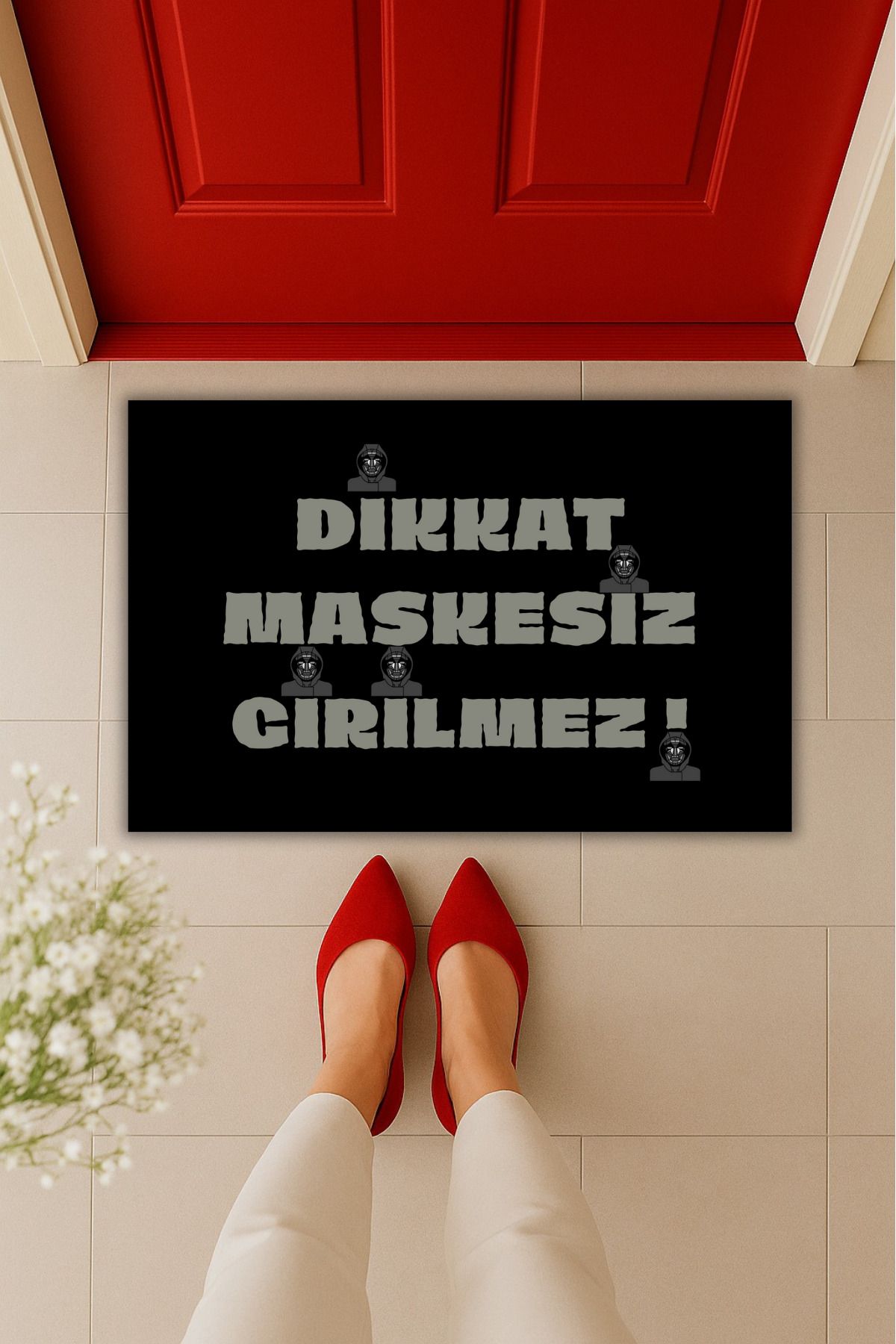 Dormot Home Yüksek Kaliteli Dijital Baskı Dikkat Maskesiz Girilmez Kapı Önü Paspası