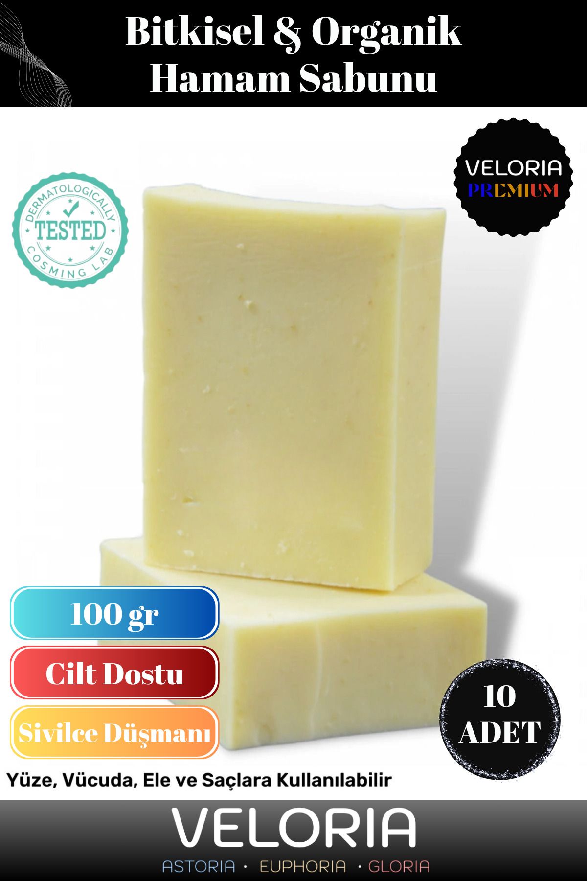 Veloria Premium Seri %100 Doğal Organik Yüz Saç Vücut Cilt Dengeleyici Güzel Kokulu Hamam Sabunu 10 Adet