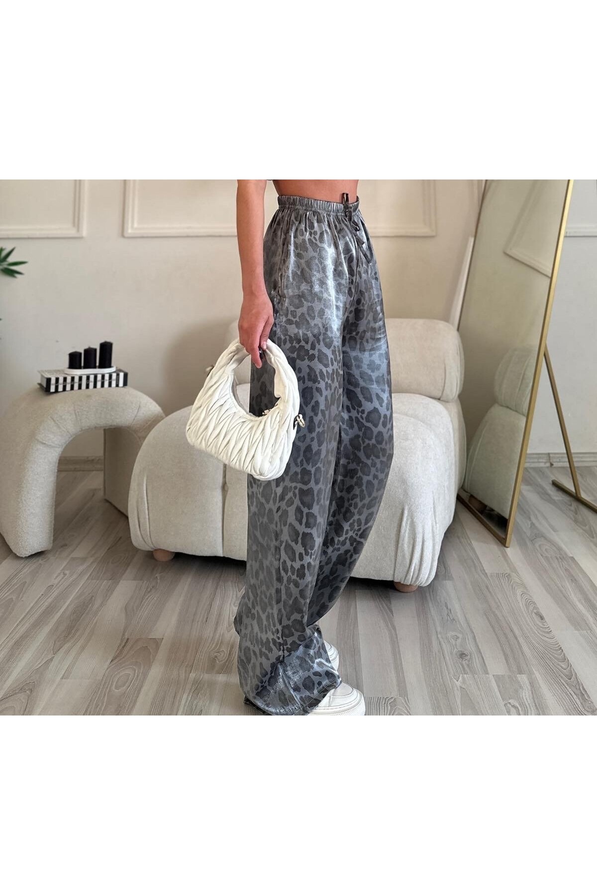 WOWBUTİK  PARLAK KRİSTAL SATEN KUMAŞ ULTRA YÜKSEK BEL GRİ LEOPAR PANTOLON