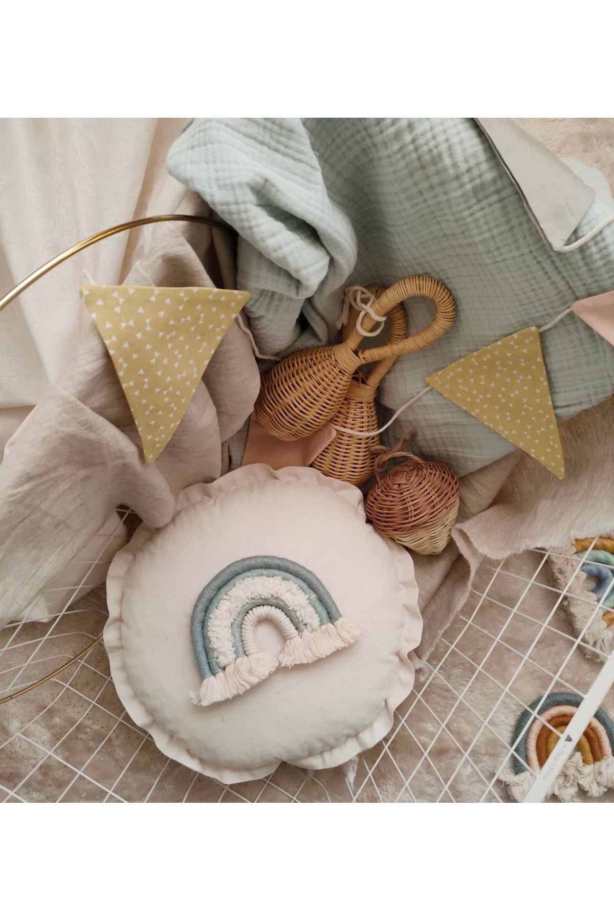 efecco 2'li Gökkuşağı Desenli Bebek Dekoratif Pamuklu Kırlent/Makrome Balon Yastık