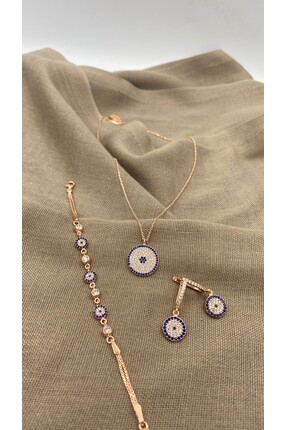 SURA SILVER NAZAR BONCUĞU MODEL ZİRKON TAŞ 925 AYAR ROSE GÜMÜŞ SET (KOLYE,BİL...