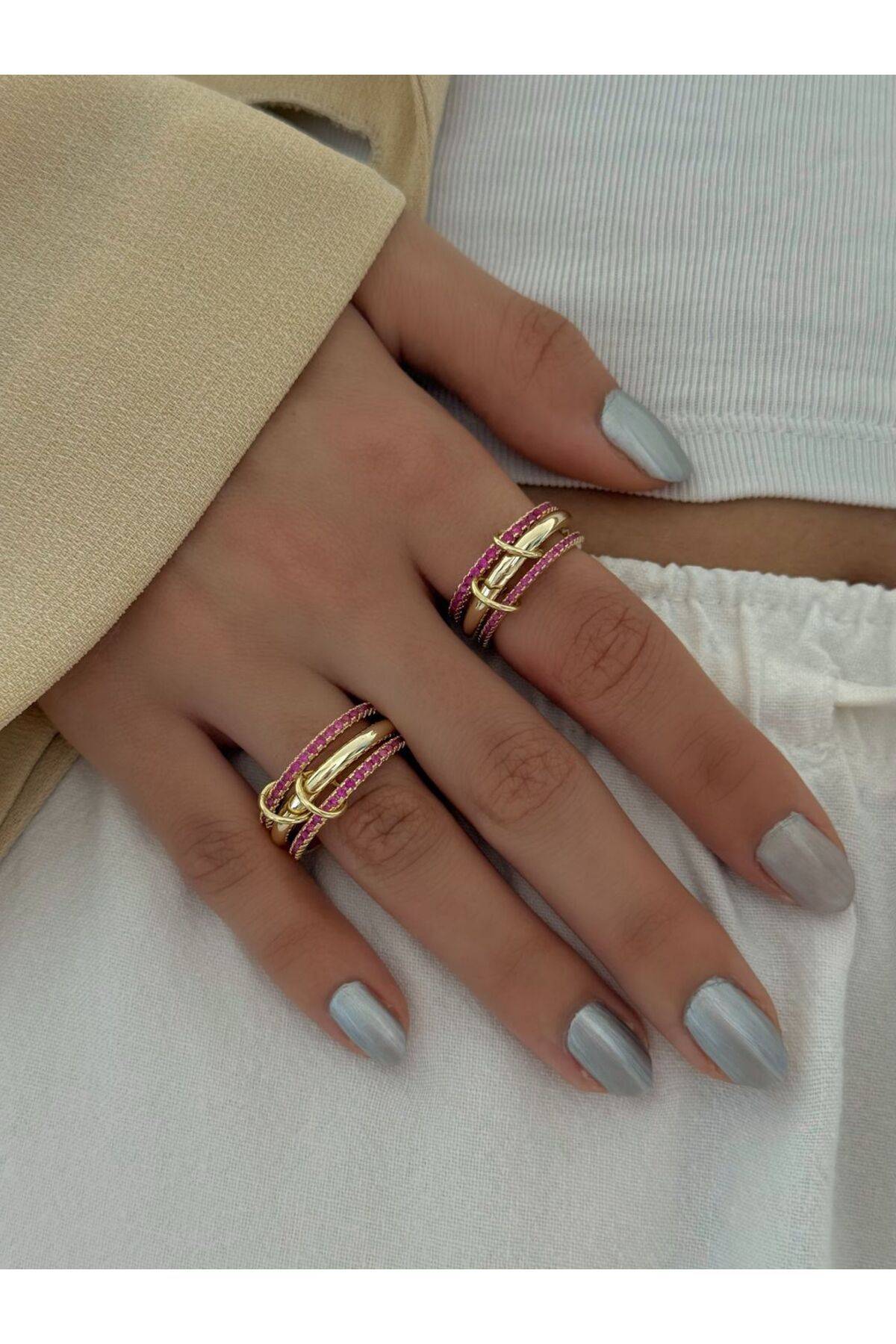 h&b design jewel Çelik Pembe Taşlı Spiral Yüzük