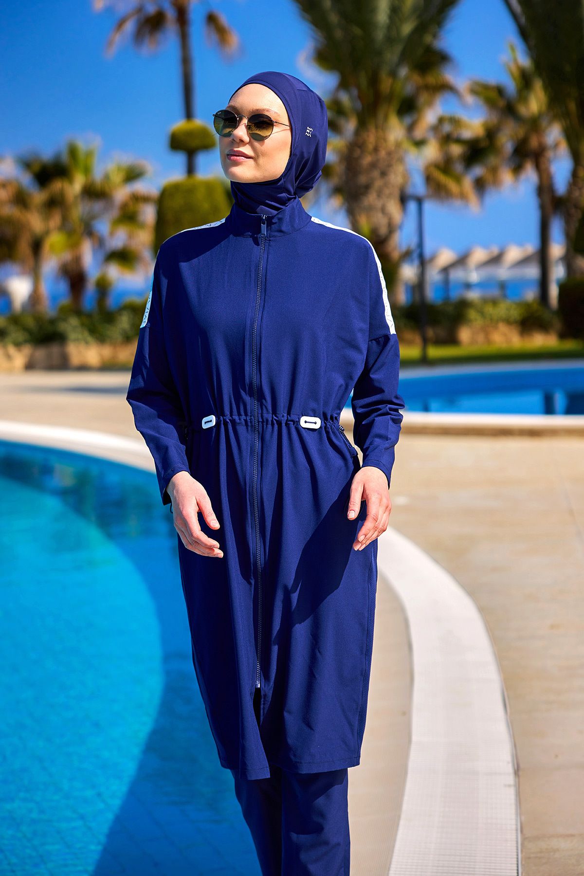 Marina Swimwear Lacivert Tam Kapalı Tesettür Mayo Stoperli, Su Tahliyeli, Hakim Yakalı M2507-2