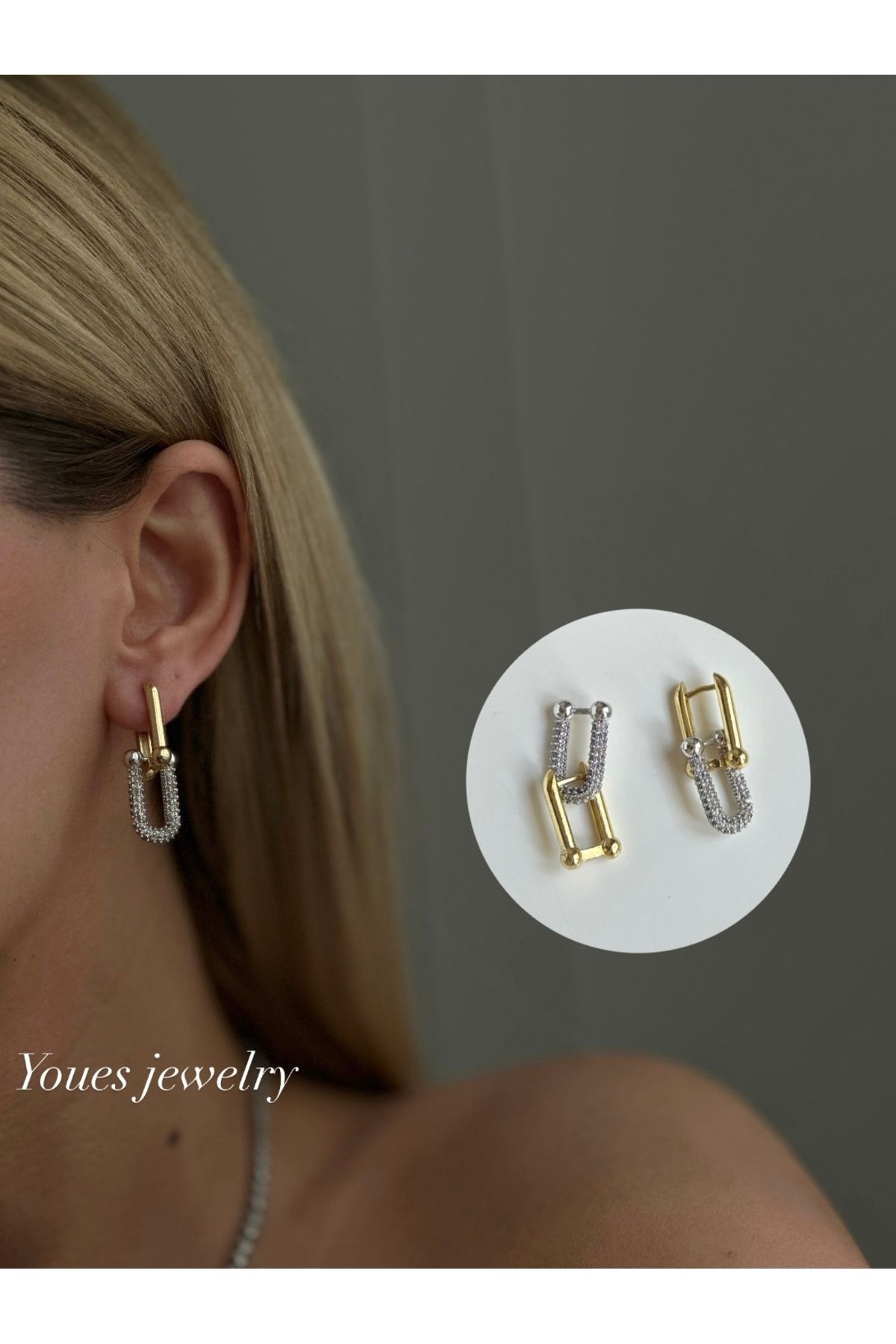 YOUES JEWELRY 316l Çelik 14 K Renk MİX Lüx Çift Renk Gold Silver VIP Seri Premium Kadın Küpe