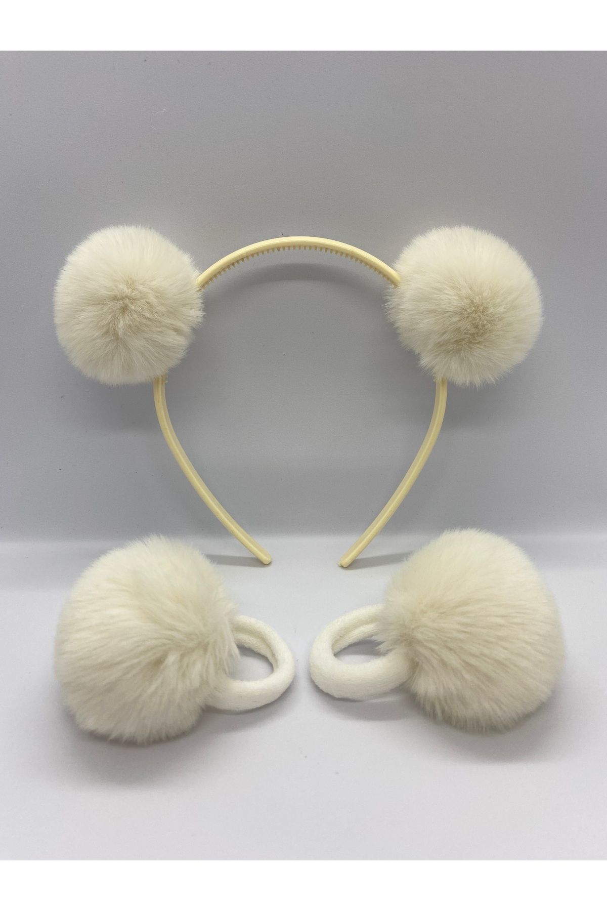 TOKA&TOKA 3'lü Set Peluş Tüy Büyük Ponponlu Tac Ve 2 Adet Lastikli Toka