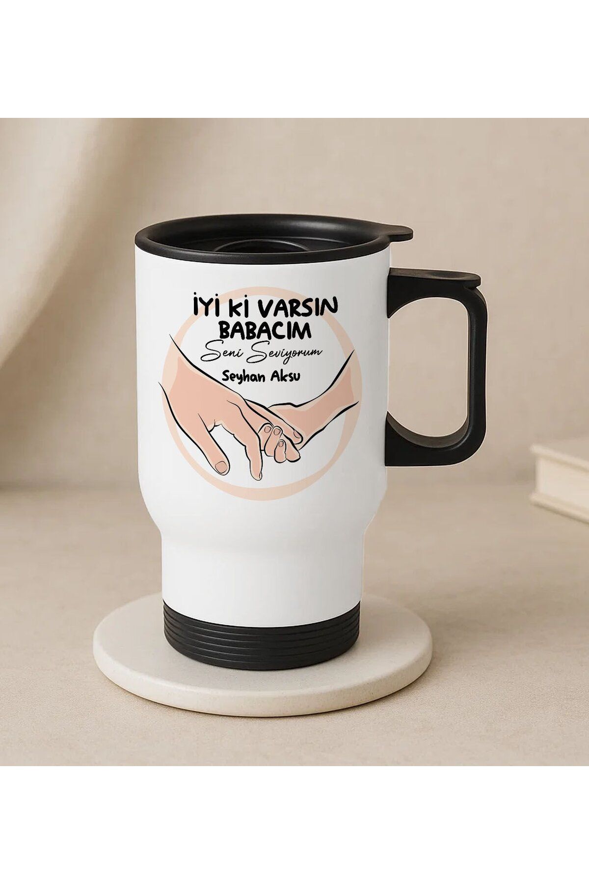 Bk Gift Kişiye Özel Babalar Günü Tasarımlı Kulplu Beyaz Çelik Bardak Termos Mug 450ml-8, Babalar Gün