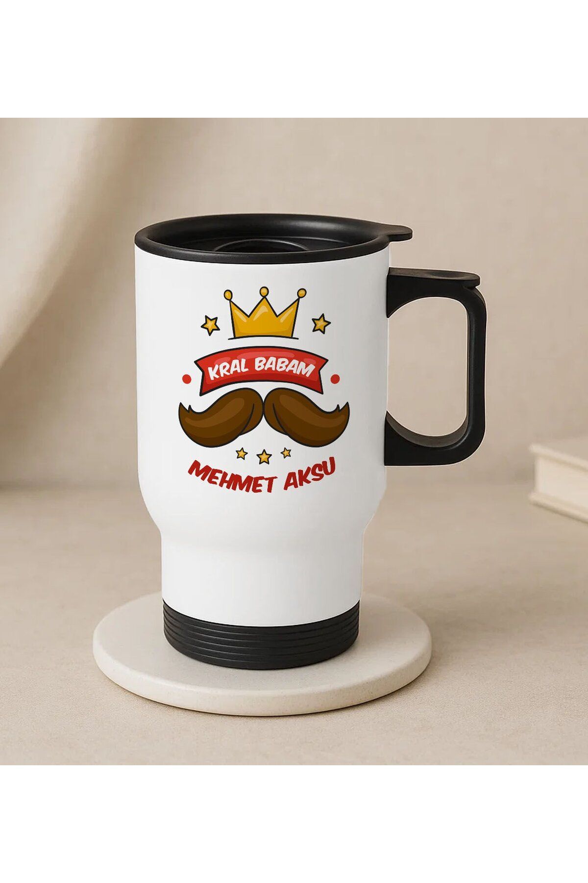 Bk Gift Kişiye Özel Babalar Günü Tasarımlı Kulplu Beyaz Çelik Bardak Termos Mug 450ml-3, Babalar Gün