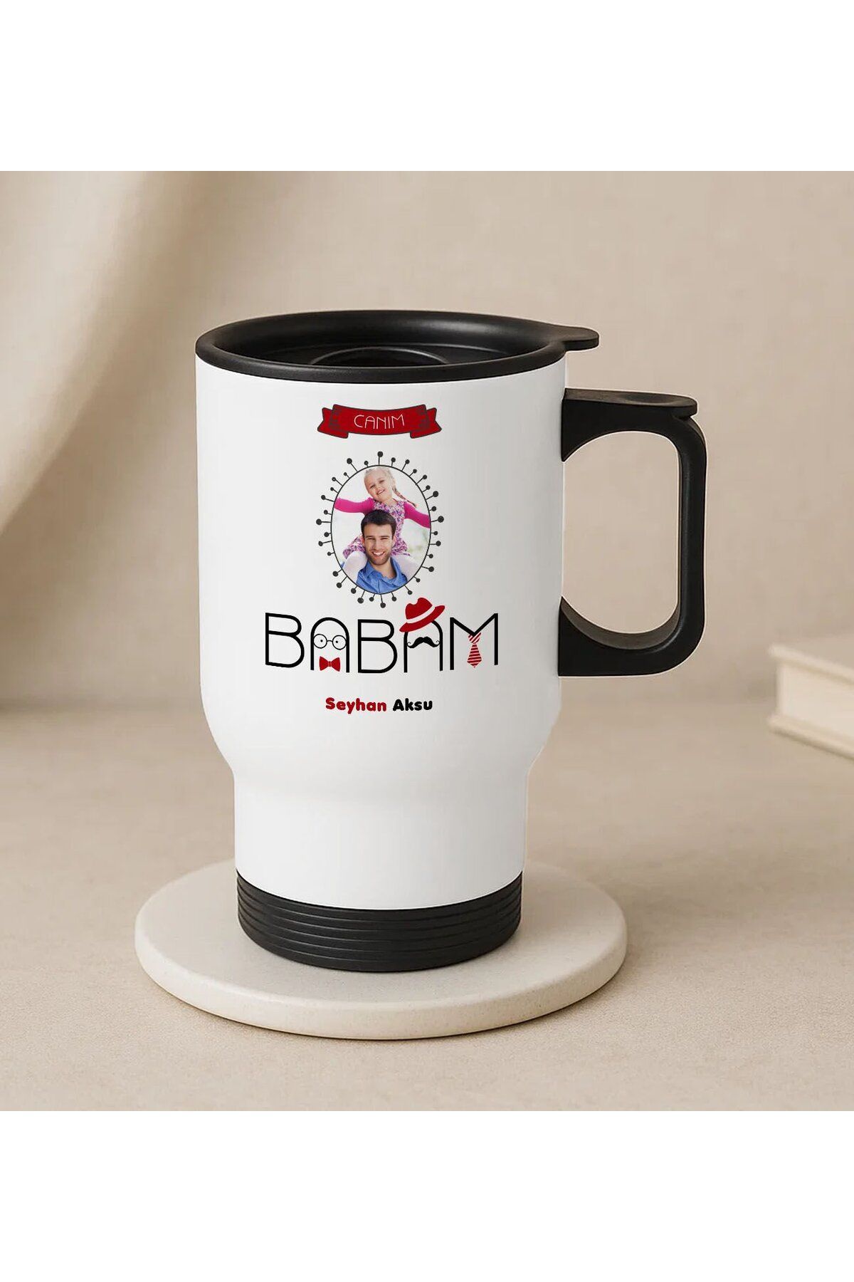 Bk Gift Kişiye Özel Fotoğraflı Babalar Günü Tasarımlı Kulplu Beyaz Çelik Bardak Termos Mug 450ml-2,