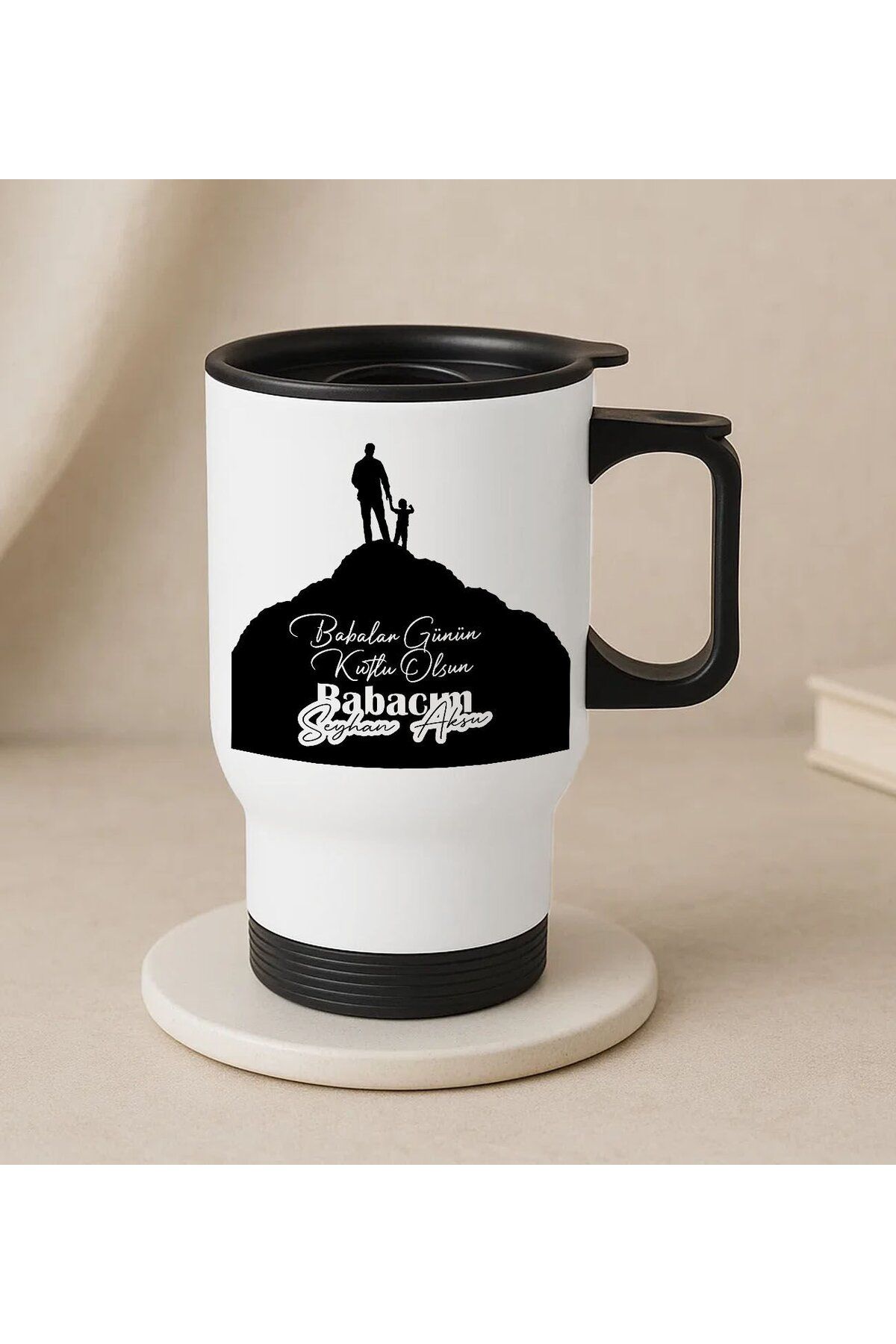 Bk Gift Kişiye Özel Babalar Günü Tasarımlı Kulplu Beyaz Çelik Bardak Termos Mug 450ml-6, Babalar Gün