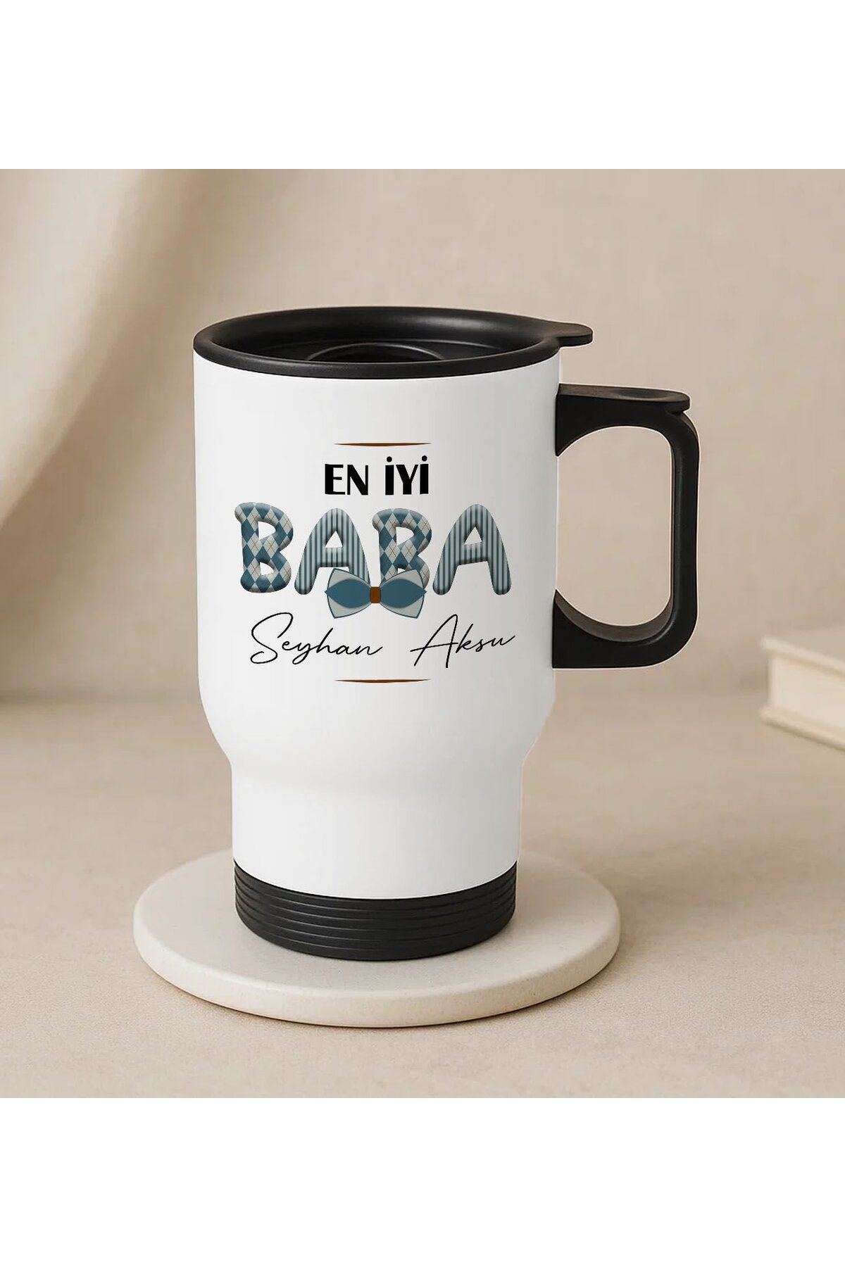 Bk Gift Kişiye Özel Babalar Günü Tasarımlı Kulplu Beyaz Çelik Bardak Termos Mug 450ml-9, Babalar Gün