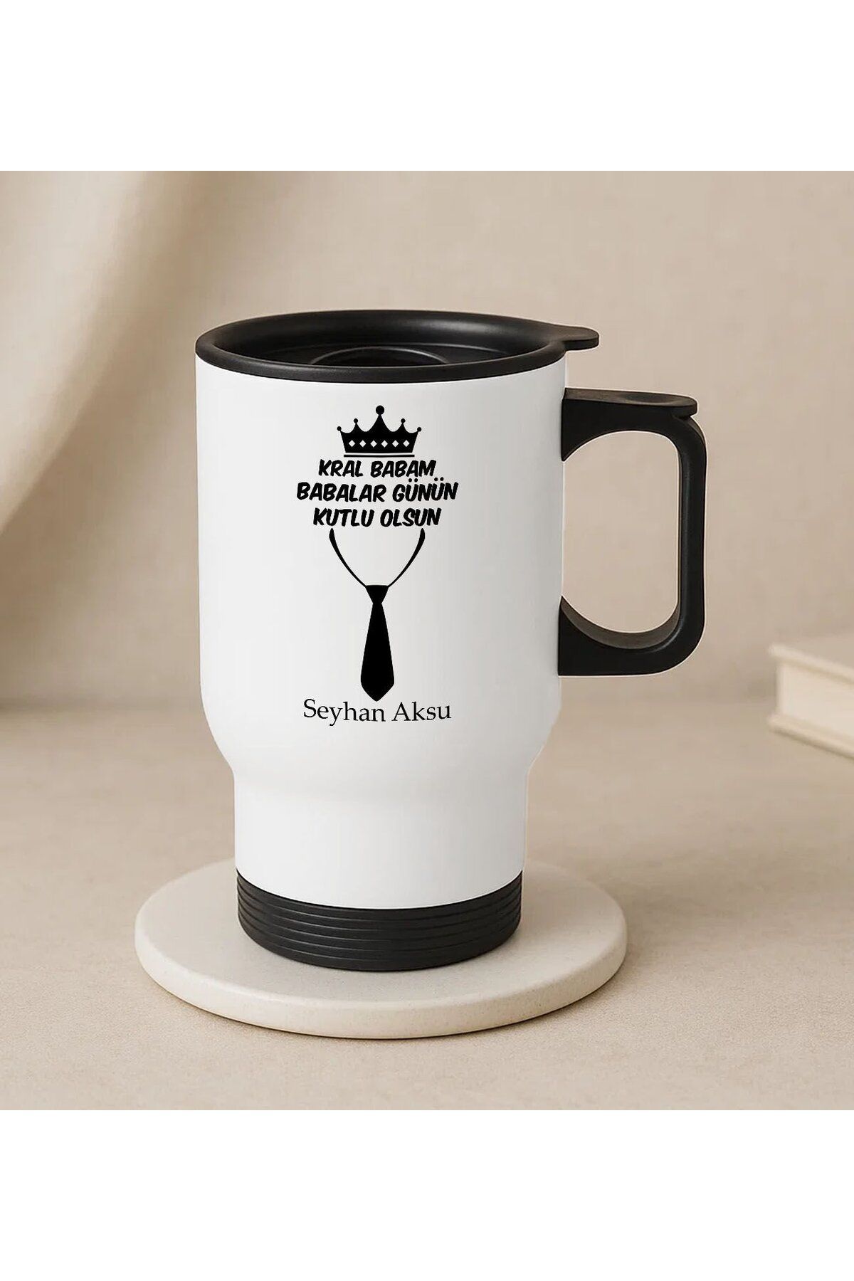 Bk Gift Kişiye Özel Babalar Günü Tasarımlı Kulplu Beyaz Çelik Bardak Termos Mug 450ml-10, Babalar Gü