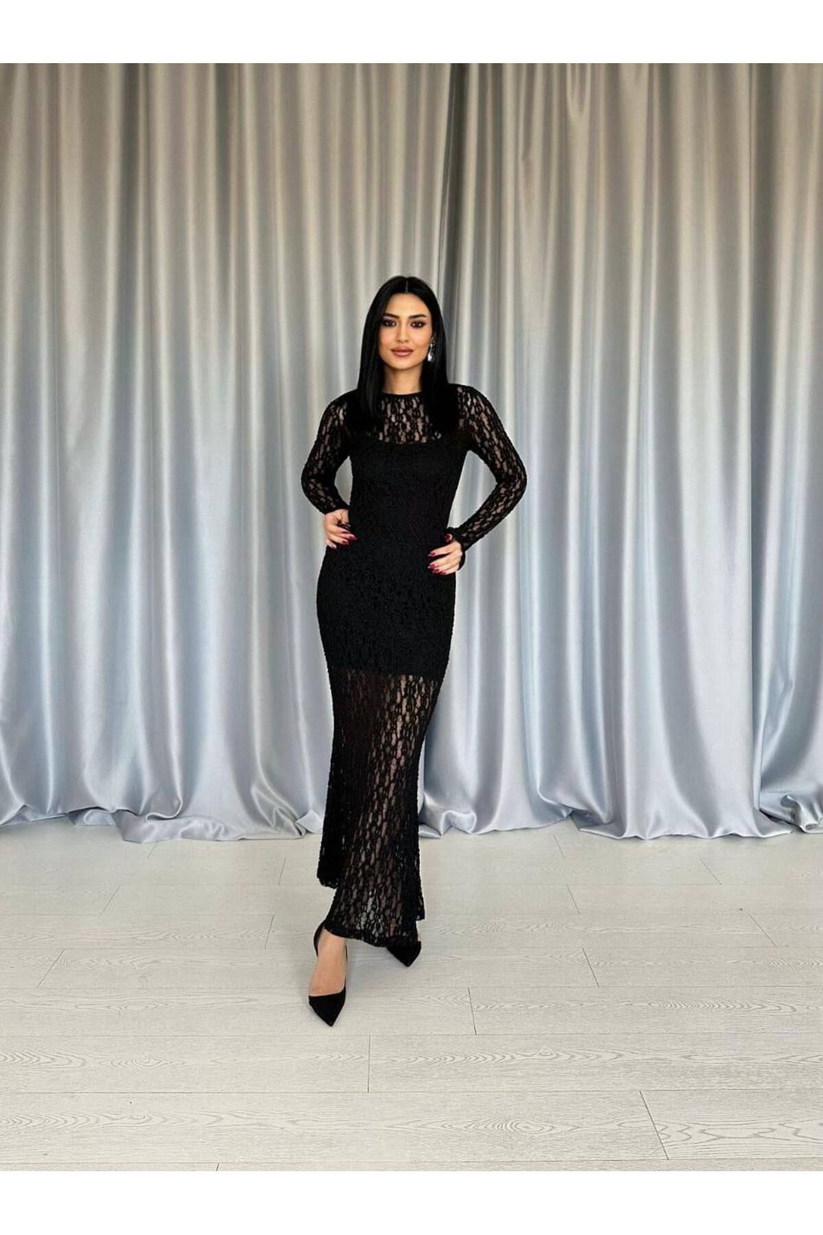 Castivo Fashion Dantel Transparan Detaylı Uzun Abiye Elbise