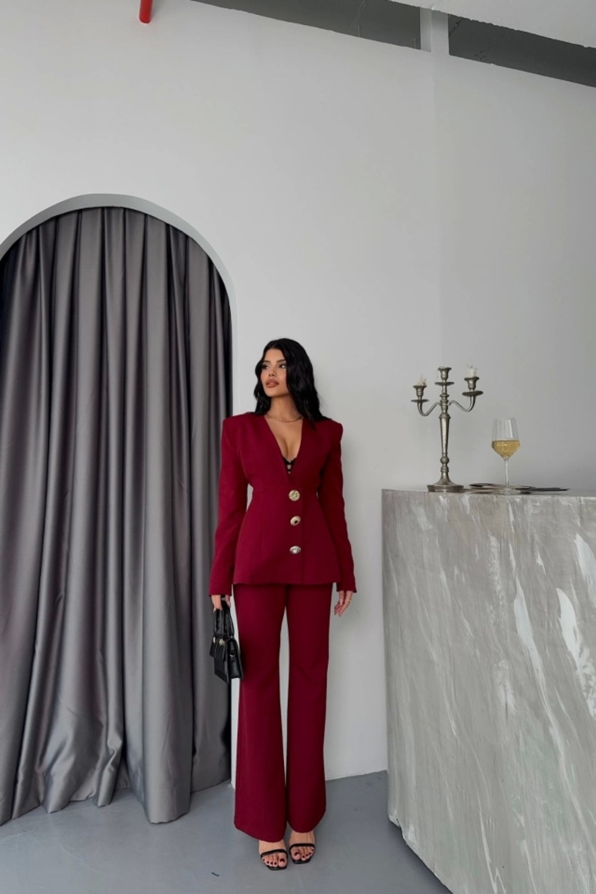 nedo7 TASARIM CEKET-PANTOLON TAKIM METAL DÜĞME DETAYLI - Bordo