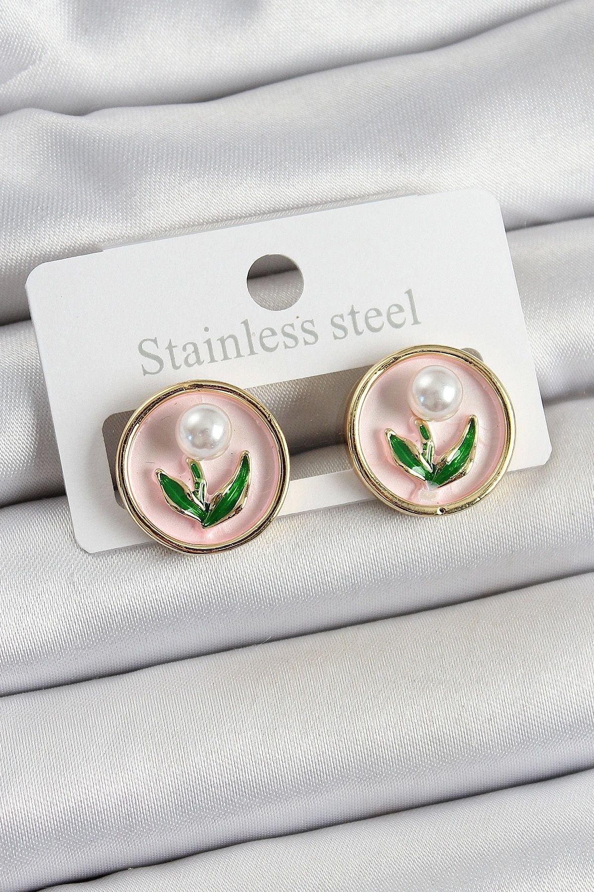 shopwave Pirinç Pembe Mineli Lale Figürlü Sanatsal Portre Model Gold Renk Kadın Küpe