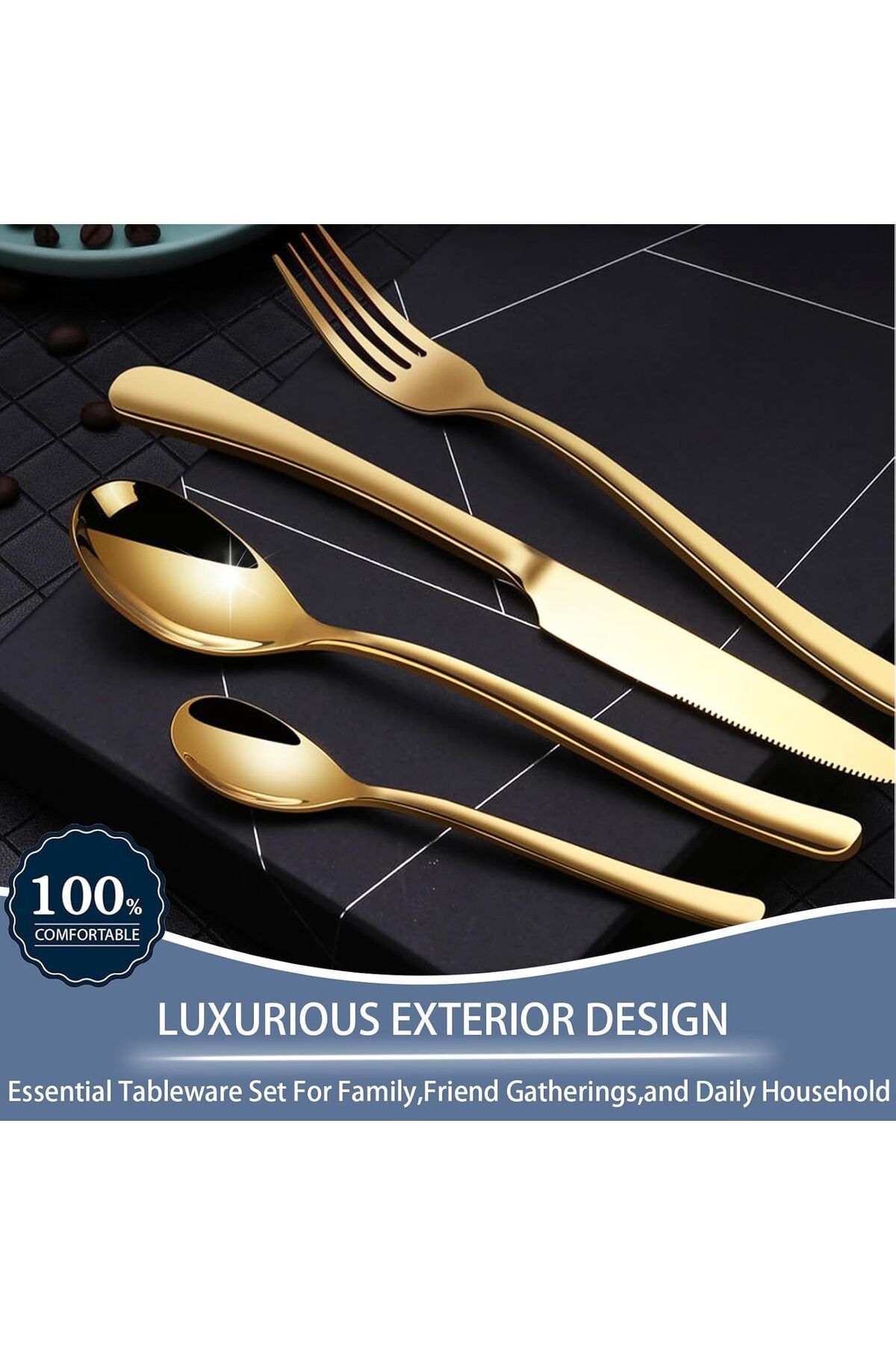 COOYA-24-Piece Cutlery Set With Storage Holder Gold 3
