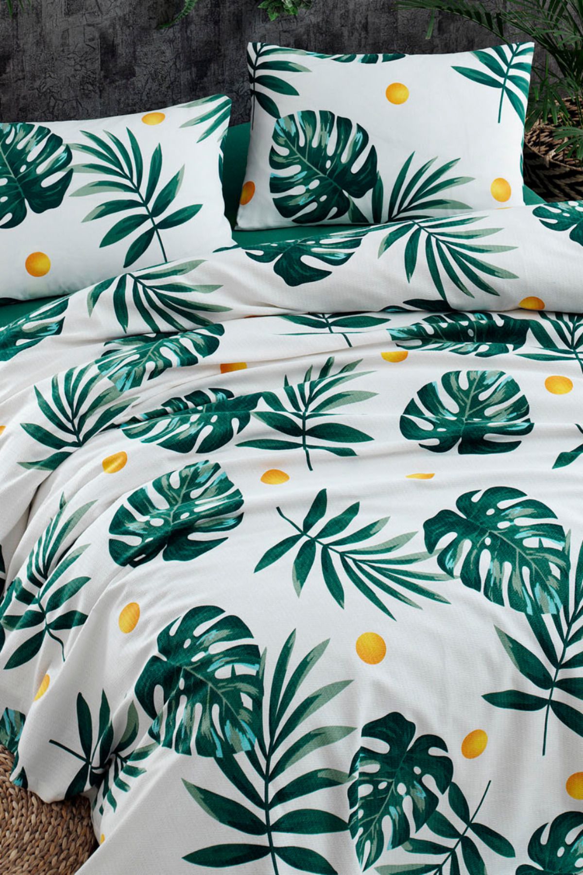 Eponj Home Doğal Pike Baskılı Battal 220x230cm Monstera Yeşil