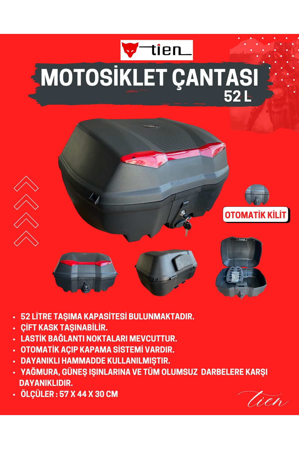 TİEN MOTOR Tien 52 Litre Motosiklet Çantası - Otomatik Kilit - Siyah