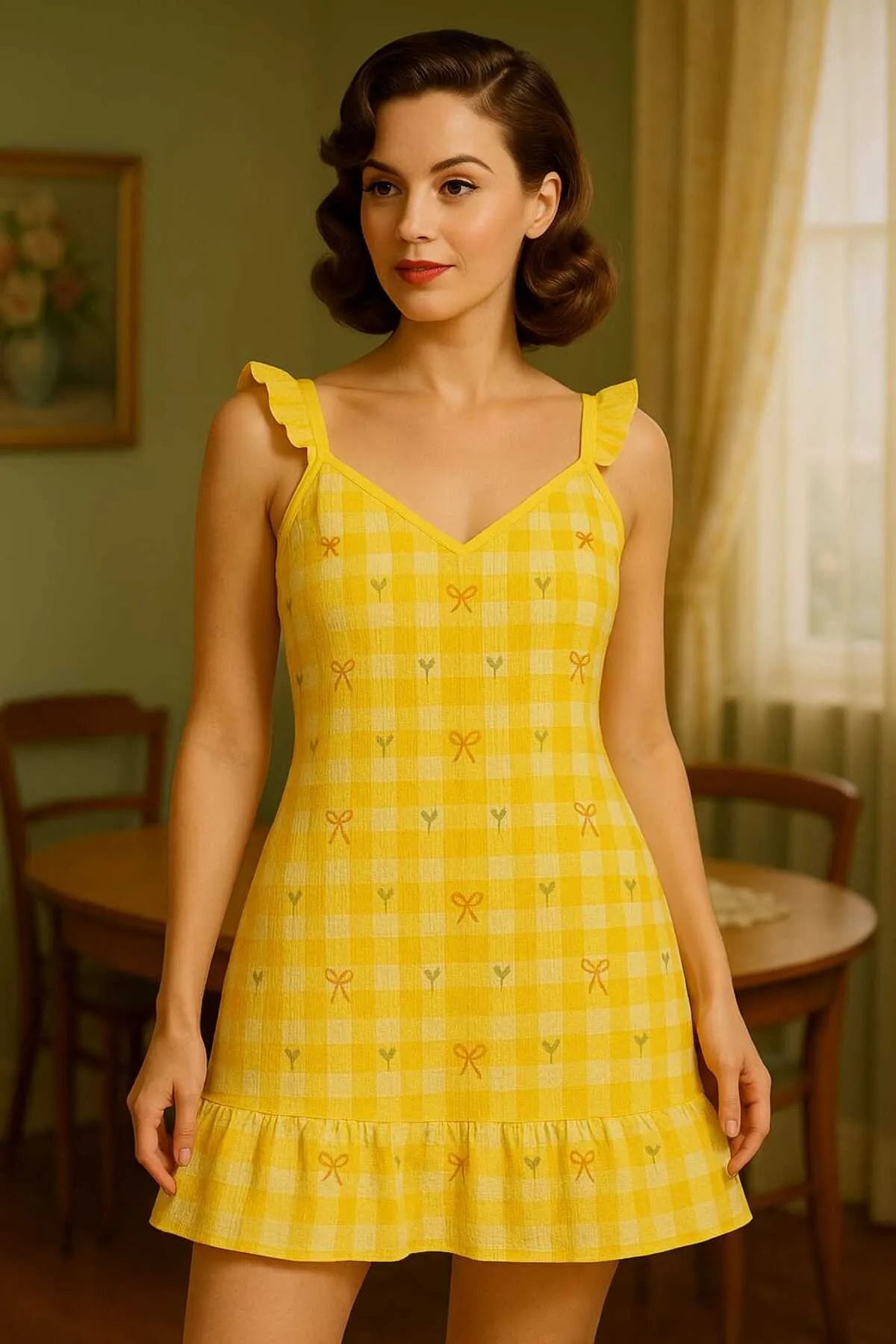 PEMBİŞ HOMEWEAR RETRO MODEL Sarı Ekoseli Kurdeleli Desenli Askılı Gecelik