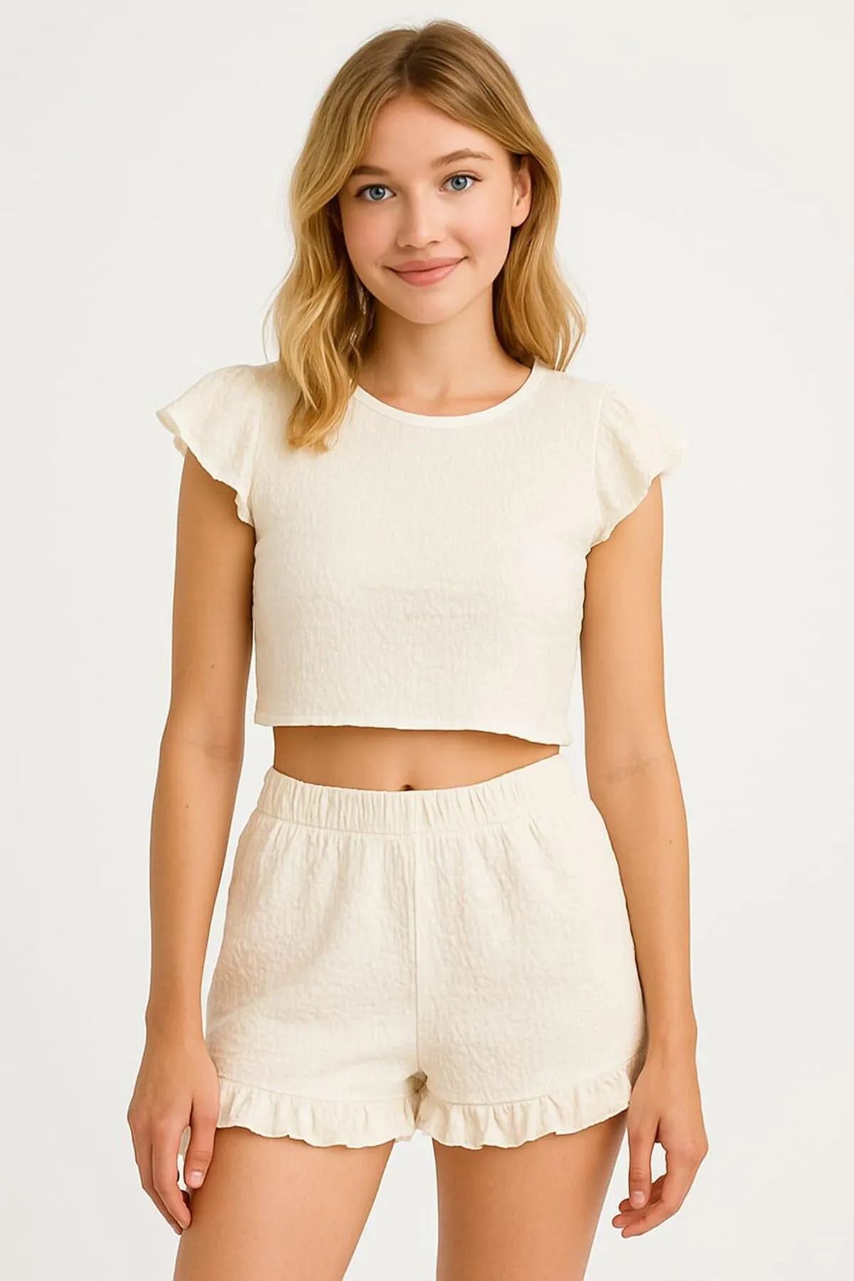 PEMBİŞ HOMEWEAR Bürümcük Beyaz Kısa Kollu Crop Şort Takımı
