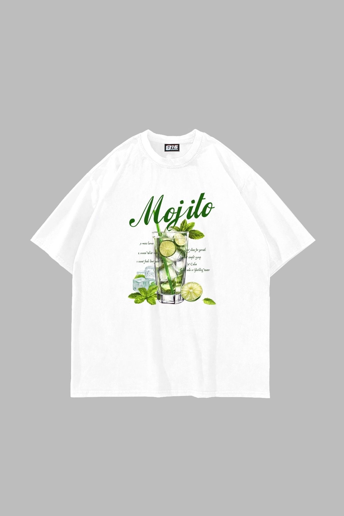 Bak Moda Iced Mojito Baskılı Oversize Unisex Beyaz Tshirt