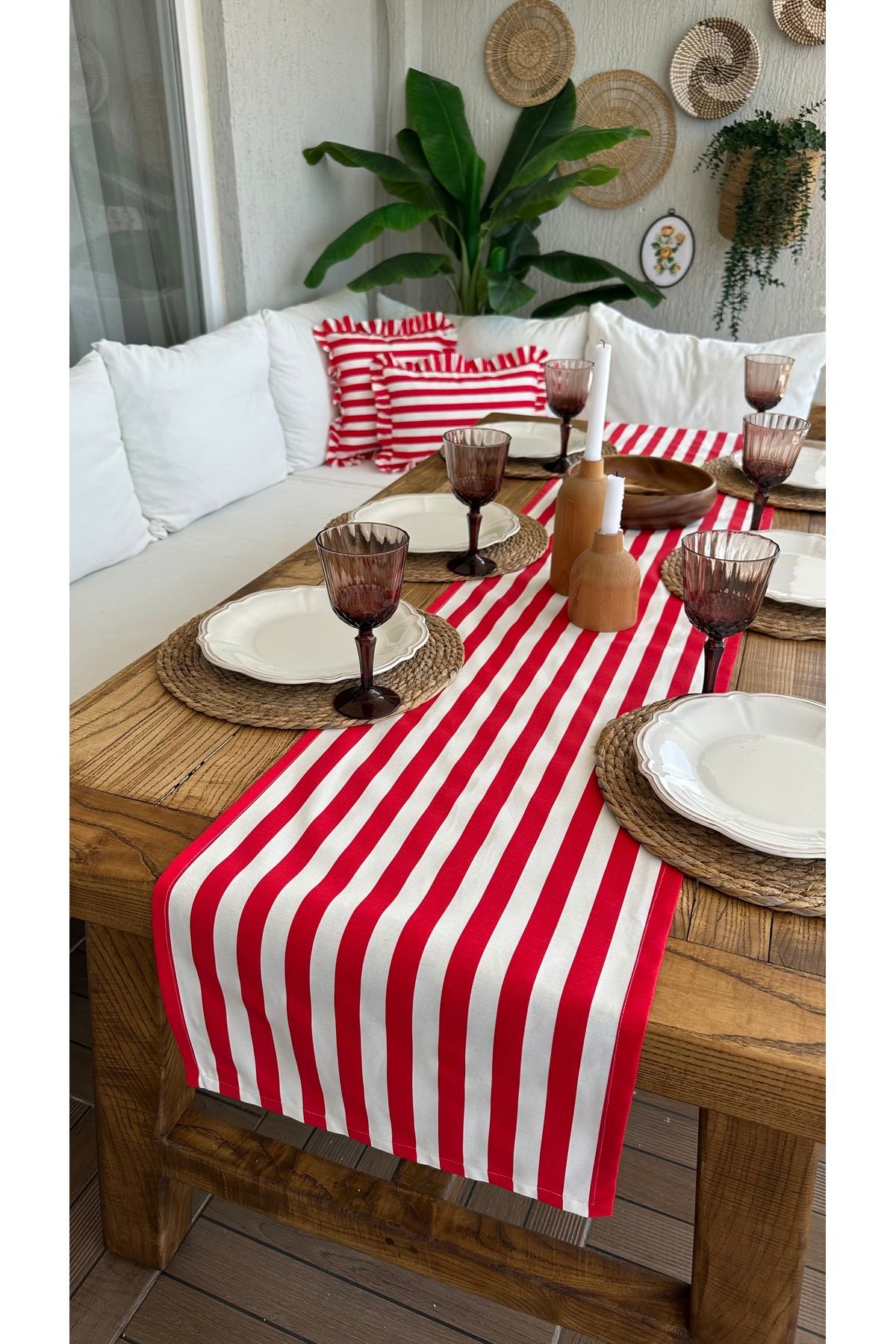 Decamor home Kırmızı Çizgili Dertsiz Leke Tutmaz Sıvı Geçirmez Runner