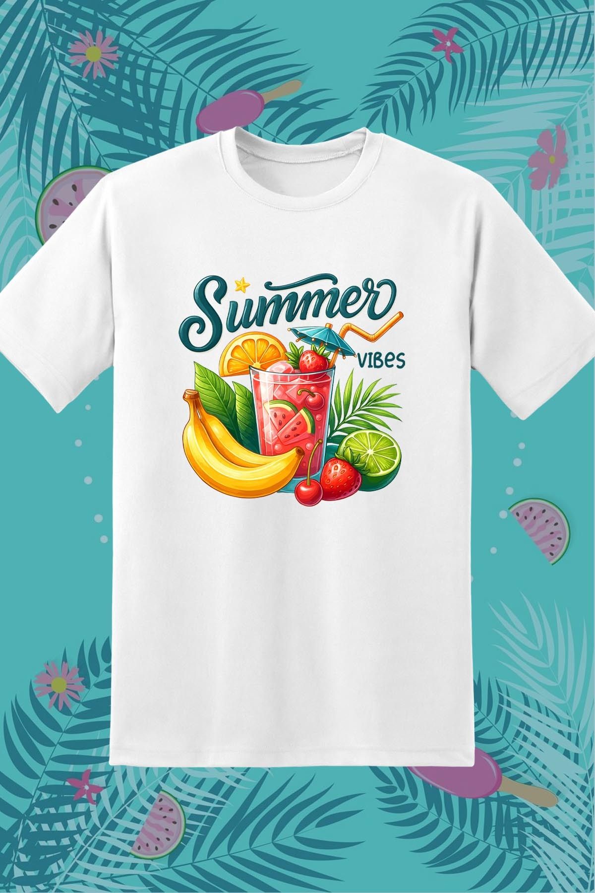 362BASKI Yaz Temalı Summer Vibes Karışık Meyveler Baskılı Tshirt