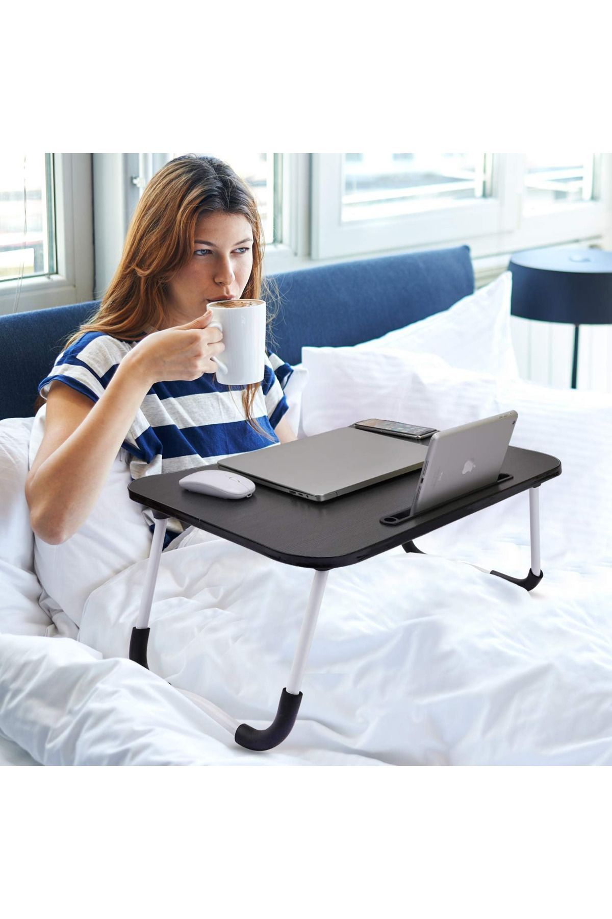 Primo Plus-Portable Folding Laptop Desk For Bed，With Ipad And Cup Holder Adjustable Lap Tray Notebook Stand 2