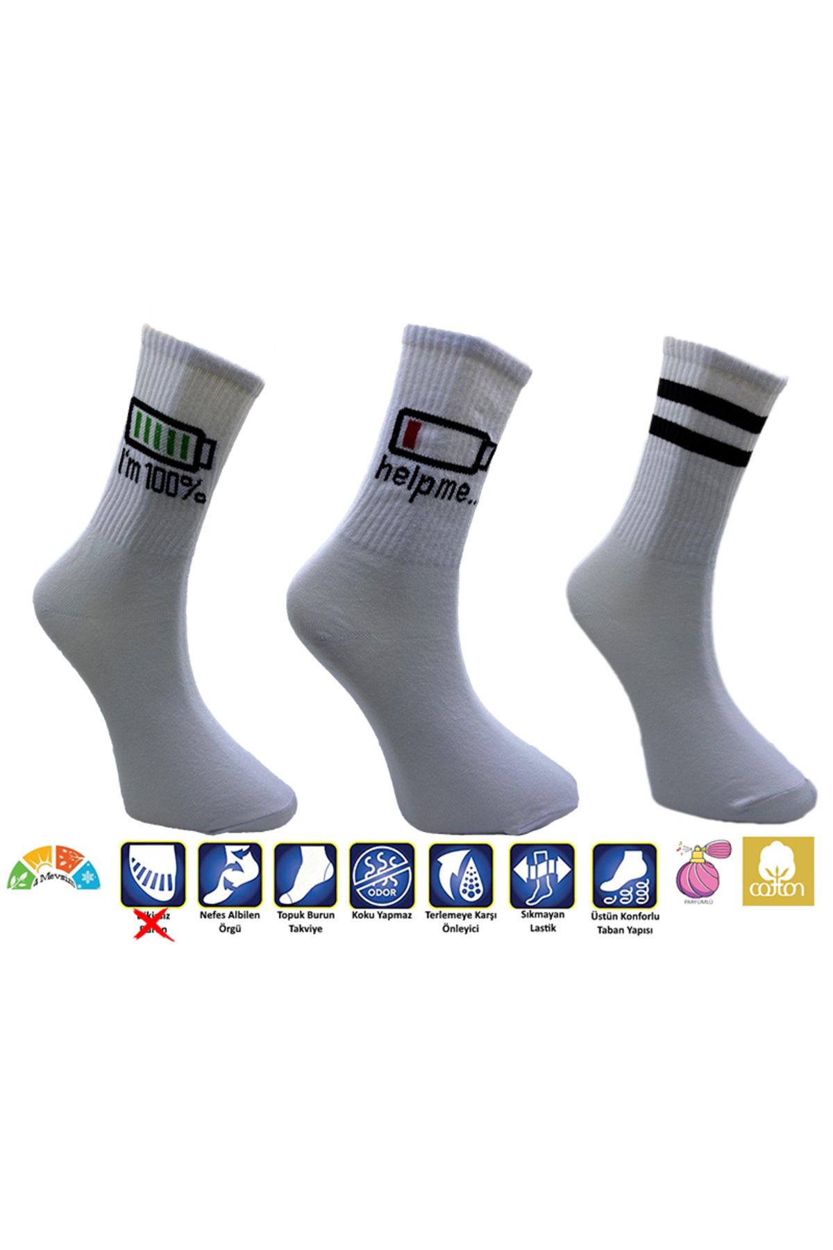 AKSU ÇORAP 3'lü I'm %100 - Help Me Siyah Şeritli Unisex Spor Tenis Çorap
