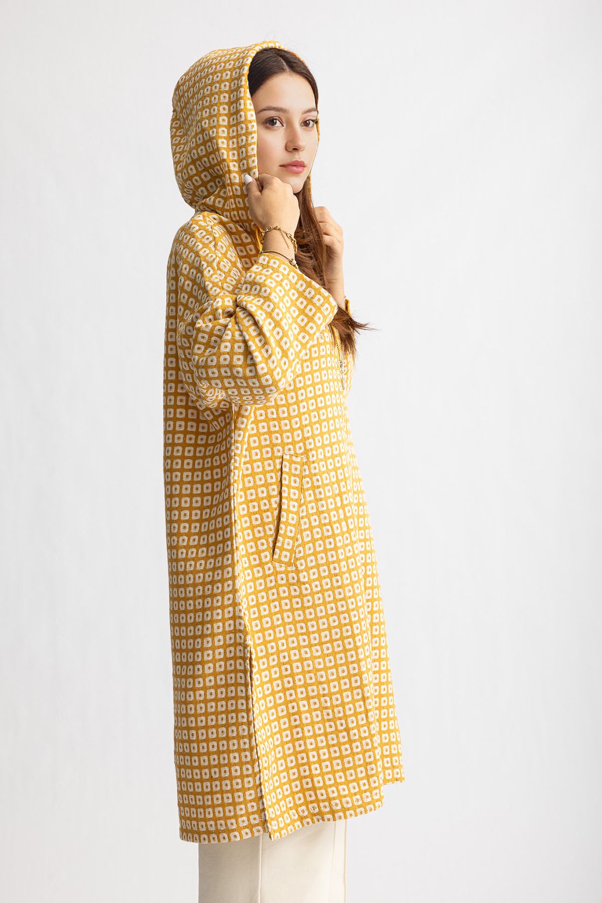 Suede Style 1819 Rahat Şık Kadın Dokuma Kapüşonlu Fermuarlı Tunik