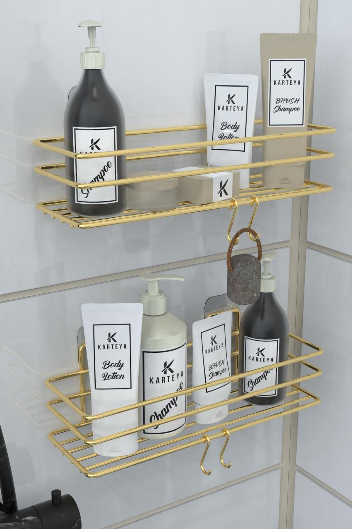 ELAMOUR Gold Yapışkanlı Banyo Düzenleyici Şampuanlık Duş Rafı Banyo Organizeri 2'li Set