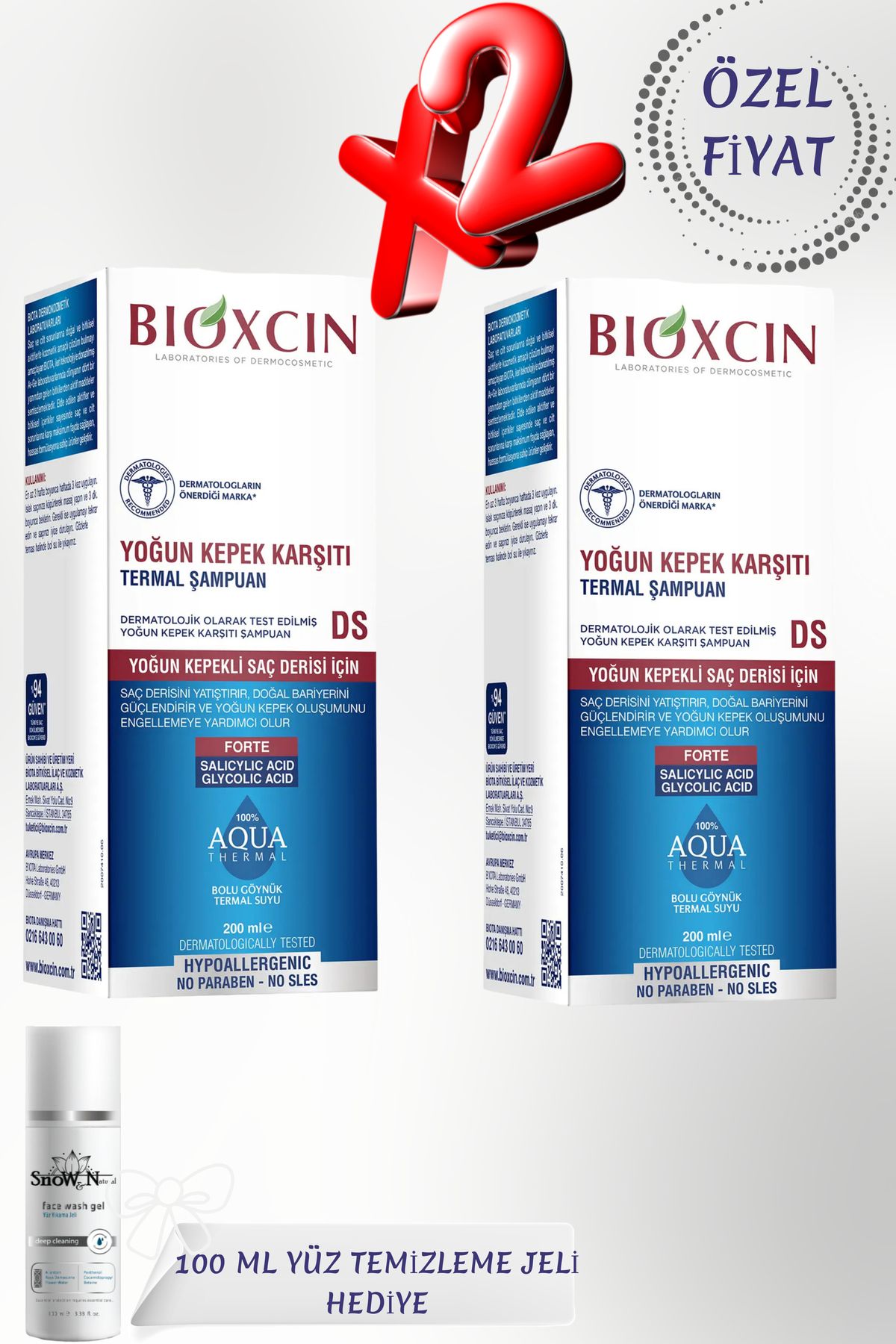 Bioxcin Aqua Thermal DS 200 ml Yoğun Kepek Şampuanı (2 ADET) + '100 Ml Yüz Temizleme Jeli HEDİYE '