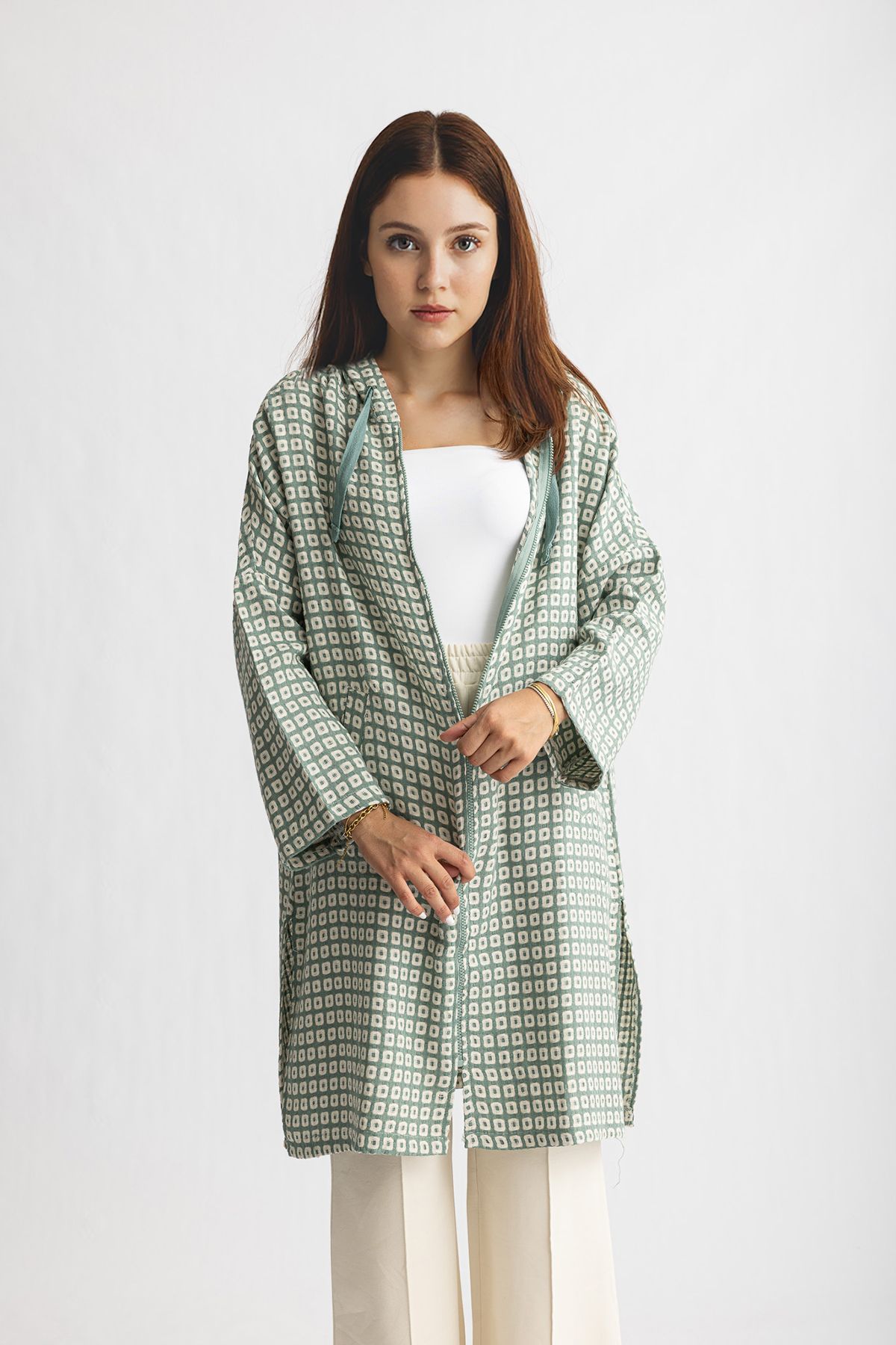 Suede Style 1819 Rahat Şık Kadın Dokuma Kapüşonlu Fermuarlı Tunik