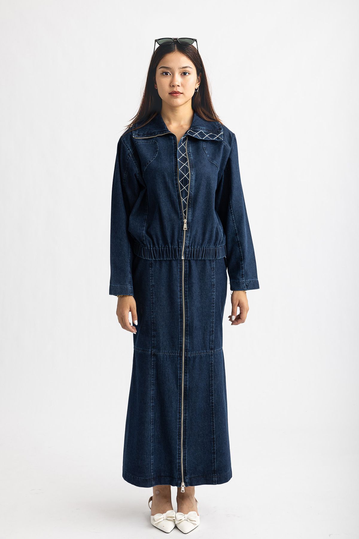 Suede Style 5476 - Şık Rahat Etek-Ceket Fermuar Detaylı Kadın Kot Takımı