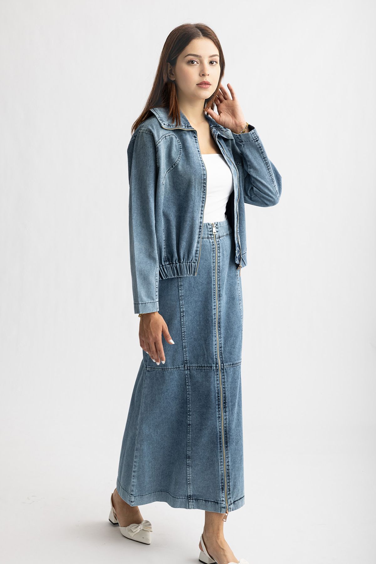 Suede Style 5476 - Şık Rahat Etek-Ceket Fermuar Detaylı Kadın Kot Takımı