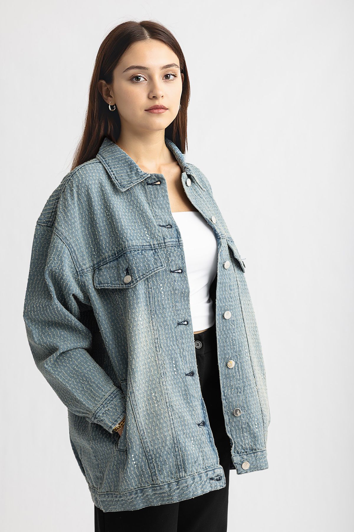 Suede Style 5431 - Lazer Detaylı Yapıştırma Taşlı Rahat Şık Kadın Kot Ceket