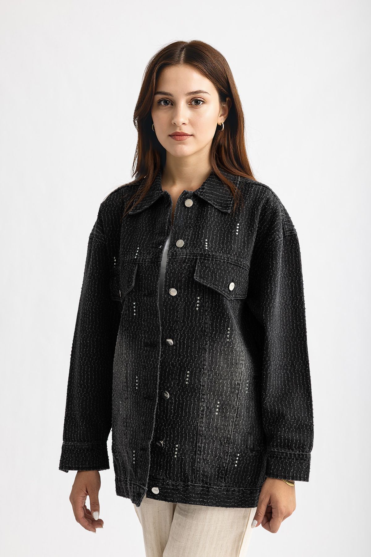 Suede Style 5431 - Lazer Detaylı Yapıştırma Taşlı Rahat Şık Kadın Kot Ceket