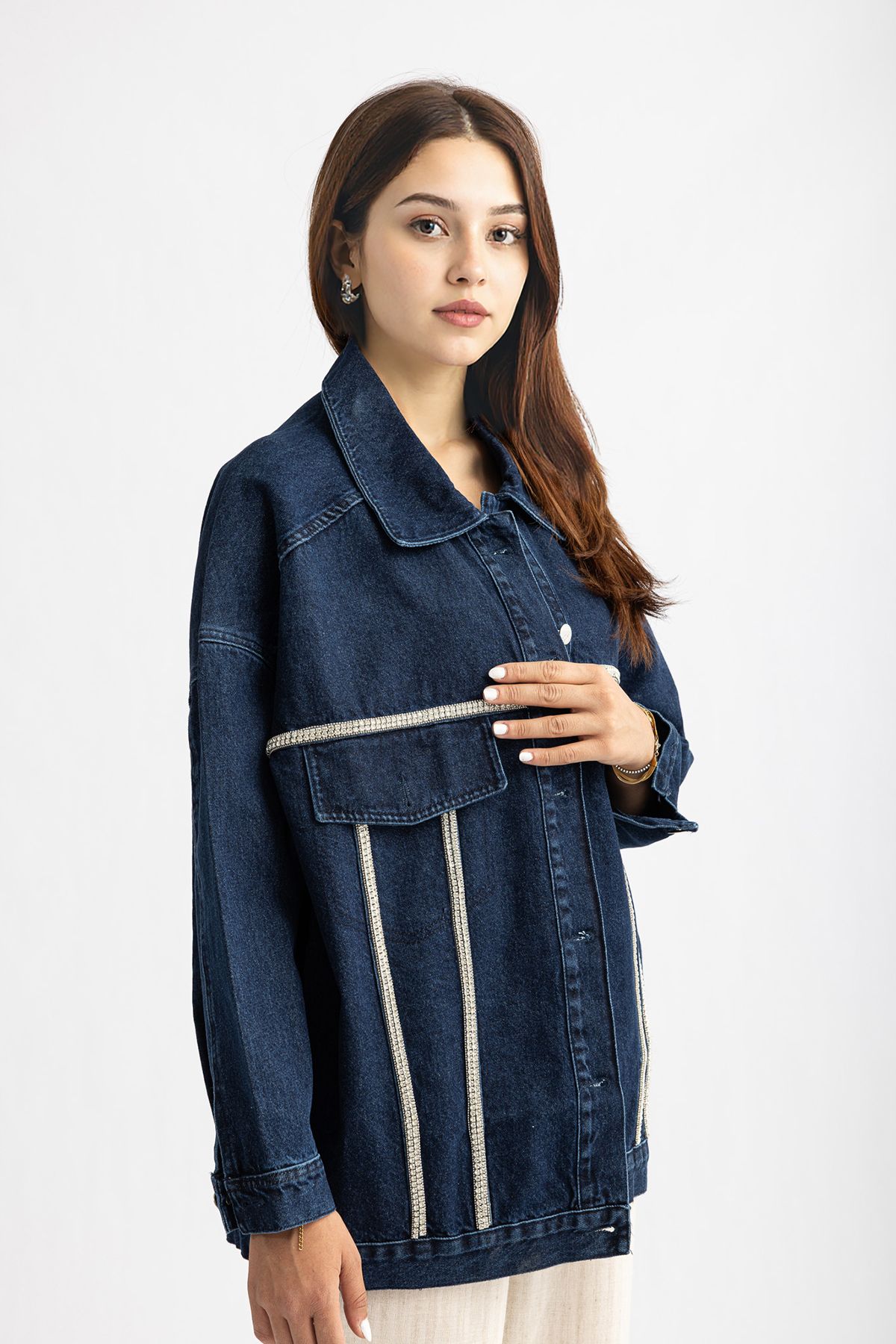 Suede Style 5294 - Kot Yapıştırma Şerit Süslemeli Rahat Şık Kadın Kot Ceket