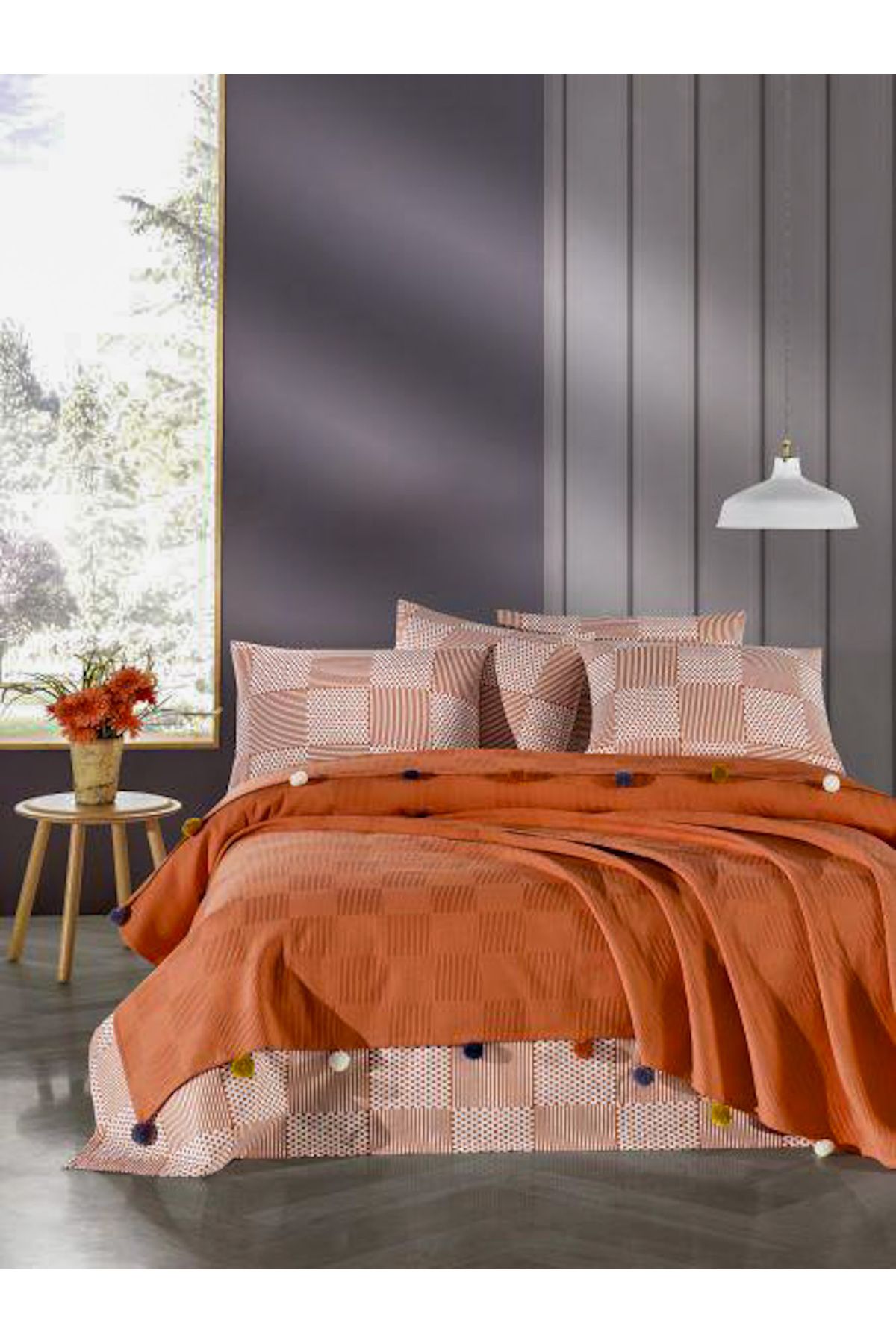 AYHANHOME %100 Pamuklu Tek Kişilik Yatak Örtüsü Pike, Waffle Desen, Ponponlu Pike Takımı