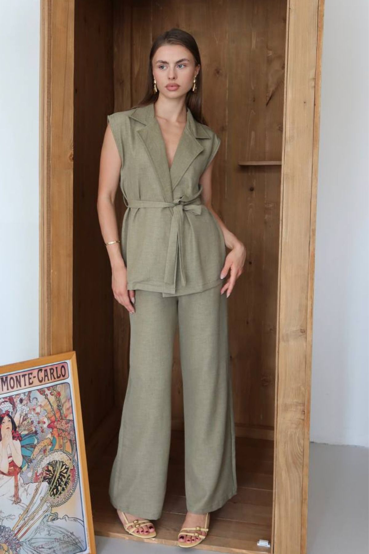 Mogi Butik Kadın Kuşaklı Yelek Palazzo Keten Takım 3080